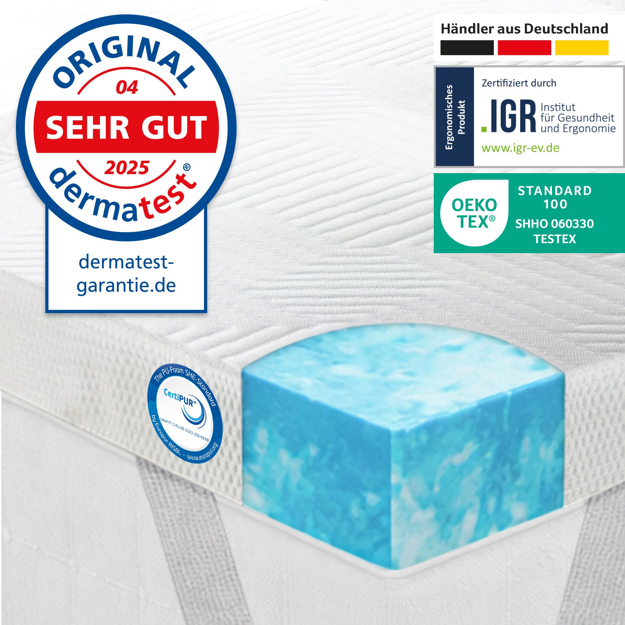 ELONEO, Topper Gel Topper Memory Schaum 90x200, 140x200, 180x200 und mehr 8cm hoch &, 5 cm hoch, Gel, für Hausstauballergiker, schadstoffgeprüft, waschbar