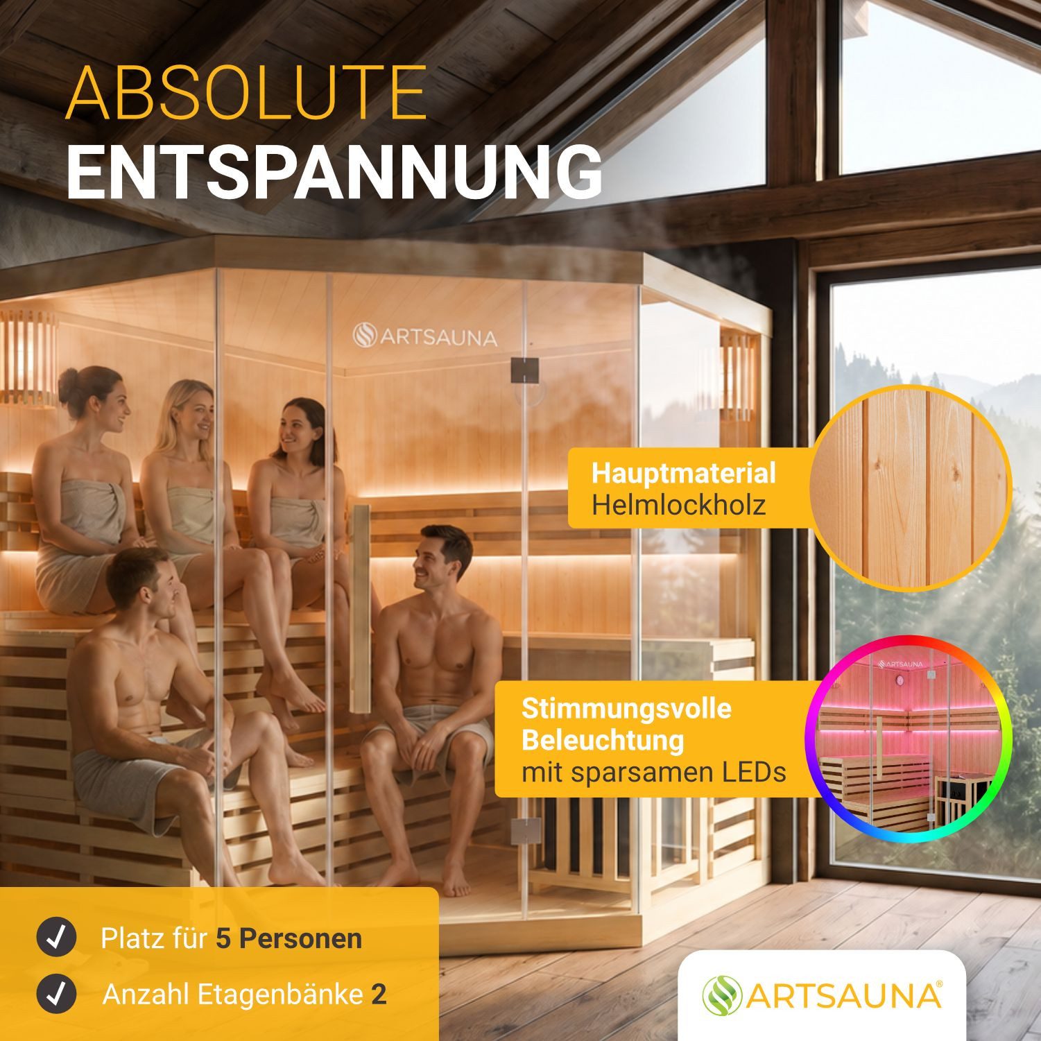 Artsauna Sauna Espoo200 Premium, 50 mm, für 5 Personen, Hemlock Holz, Saunaofen, Sanduhr, Thermo-Hygrometer