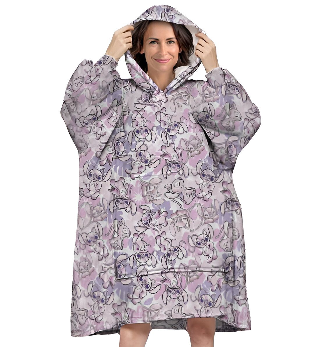 Disney Sweatponcho Disney Stitch Kuschelponcho mit Ärmeln Kapuze Tasche S-L