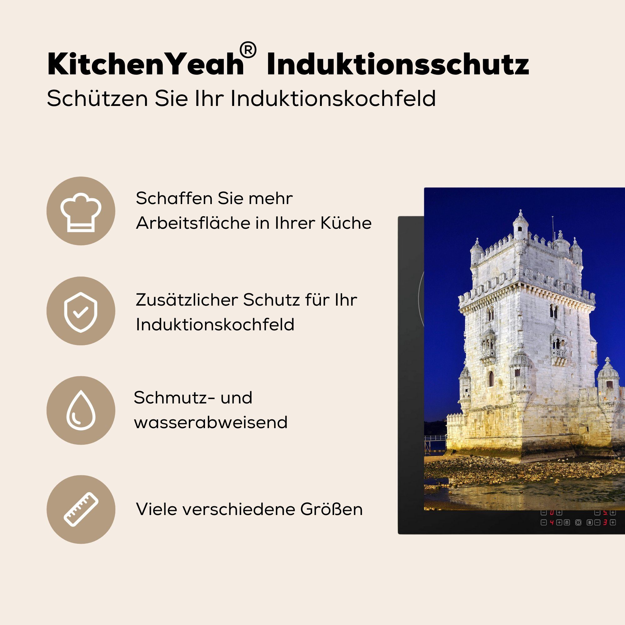 de 78x78 Herdblende-/Abdeckplatte MuchoWow für bei Nacht, cm, Torre Ceranfeldabdeckung, Arbeitsplatte tlg), Belém küche (1 Vinyl,