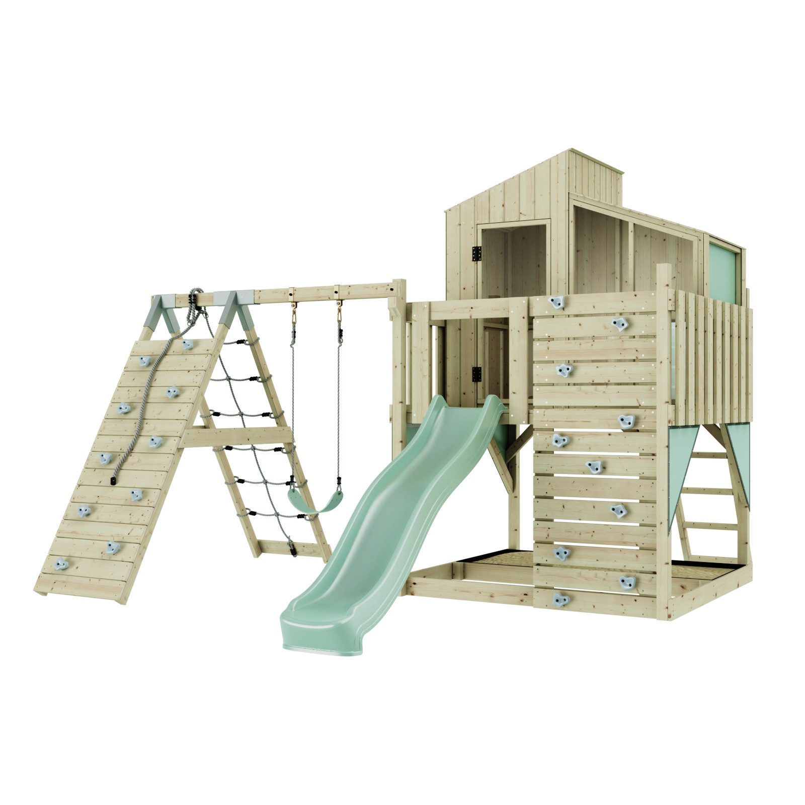 OutdoorToys Spielturm Julie, aus Holz in Mintgrün mit Kinderschaukel & Rutsche, Kletterwand