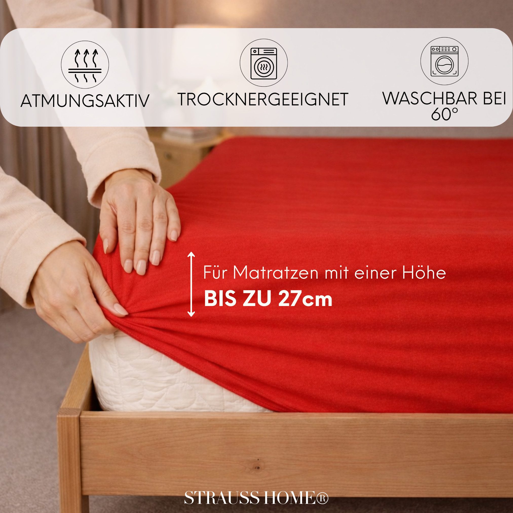 Strauss Home Spannbettlaken Premium 160 g/m² Gekämmte Baumwolle Jersey in Hotelqualität, Gummizug: Rundumgummi, OEKO-TEX®-zertifiziert - Hotelqualität – Formstabil & Langlebig