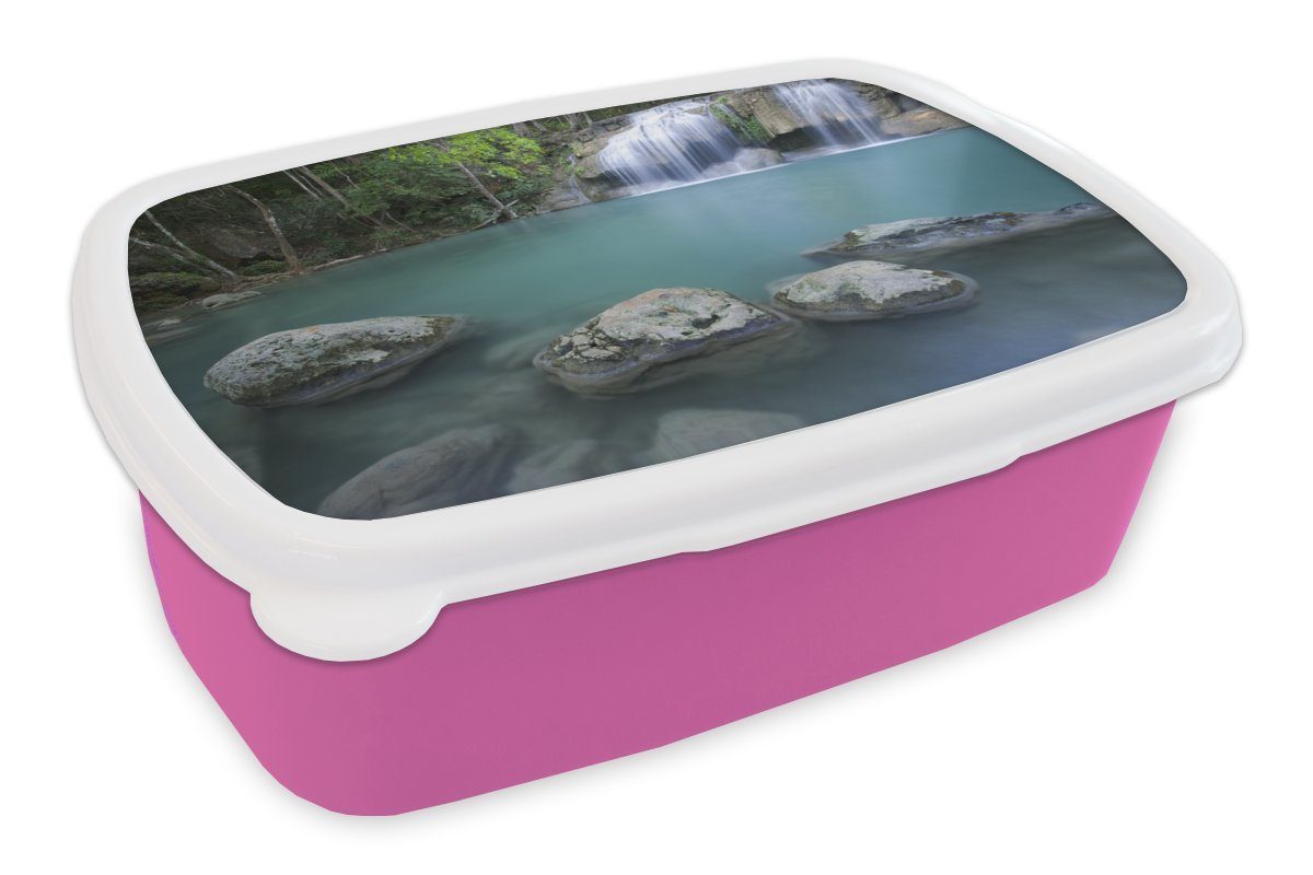 MuchoWow Lunchbox Ein thailändischer Wasserfall Erwachsene, für Kunststoff rosa Mädchen, Snackbox, Erawan-Nationalpark, (2-tlg), im Brotbox Felsen an den Kinder, Kunststoff, Brotdose