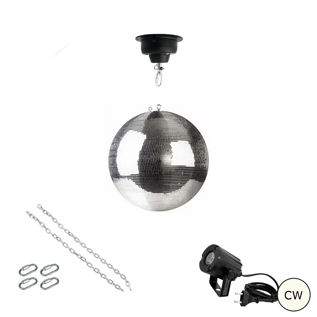 SATISFIRE Discolicht Spiegelkugel Komplettset 30cm Discokugel mit Motor LED Pinspot (CW)