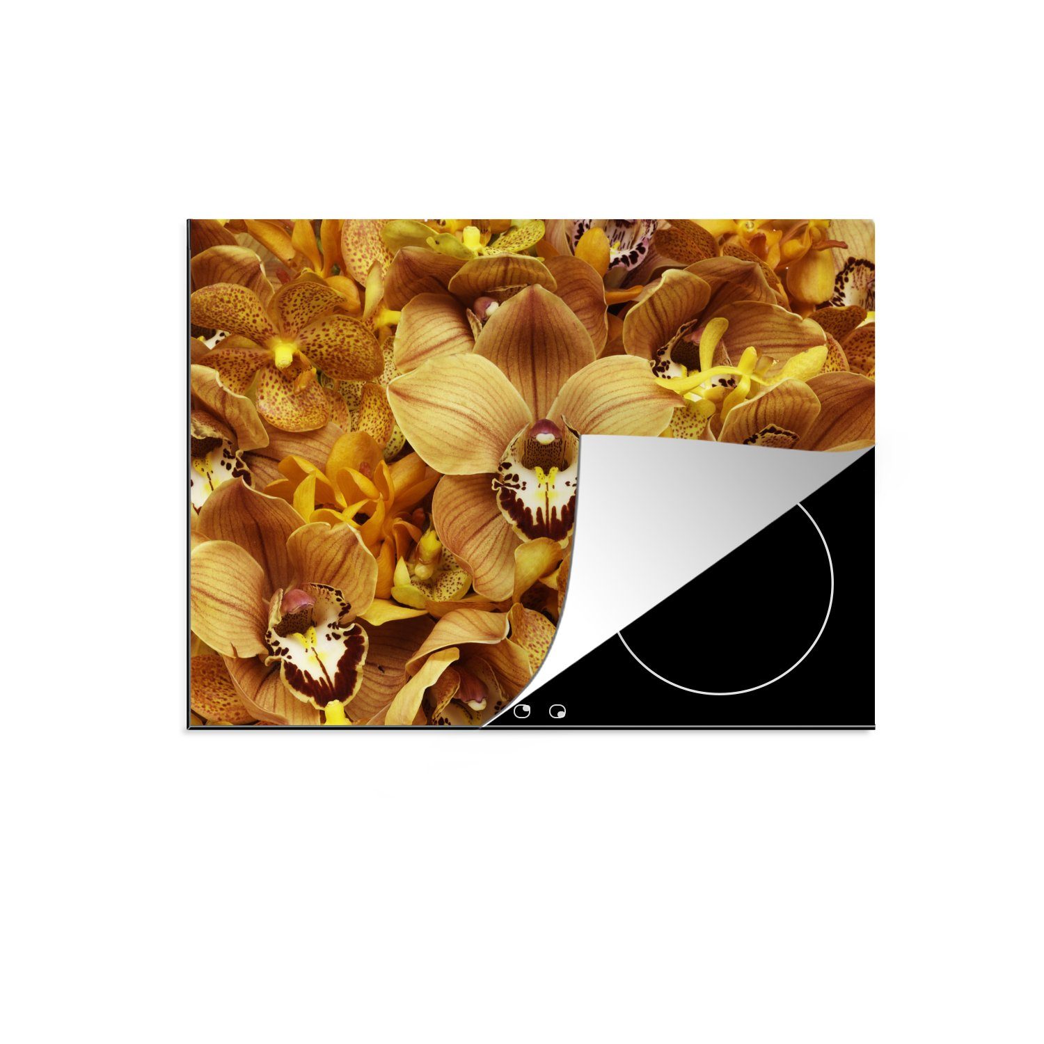 MuchoWow Herdblende-/Abdeckplatte Die flammend orangefarbenen Orchideen, Vinyl, (1 tlg), 70x52 cm, Mobile Arbeitsfläche nutzbar, Ceranfeldabdeckung