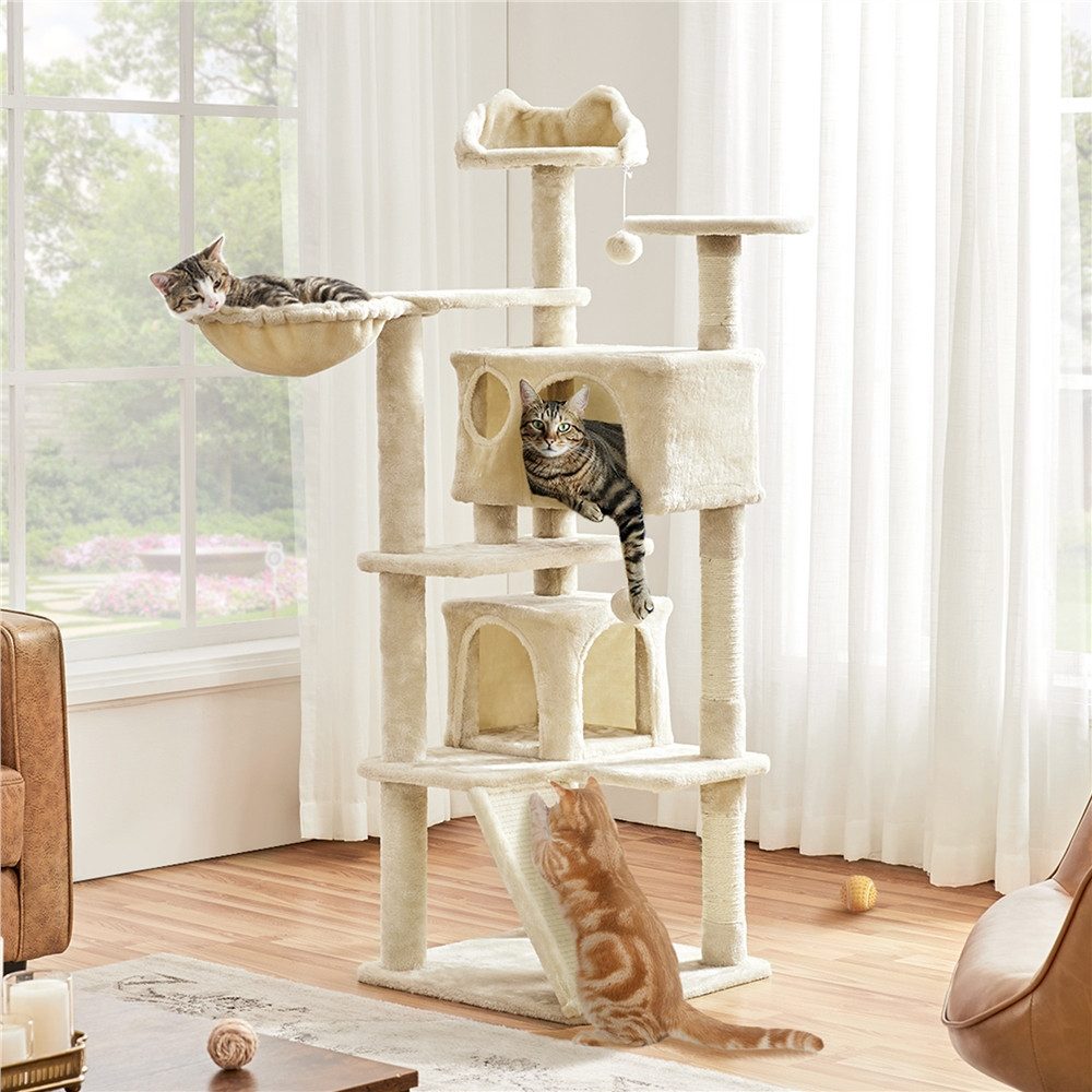 Yaheetech Kratzbaum 146 cm (H), Plüsch Kletterbaum Katzenbaum, mit 3 Aussichtsplattformen, für kleine und mittelgroße Katzen