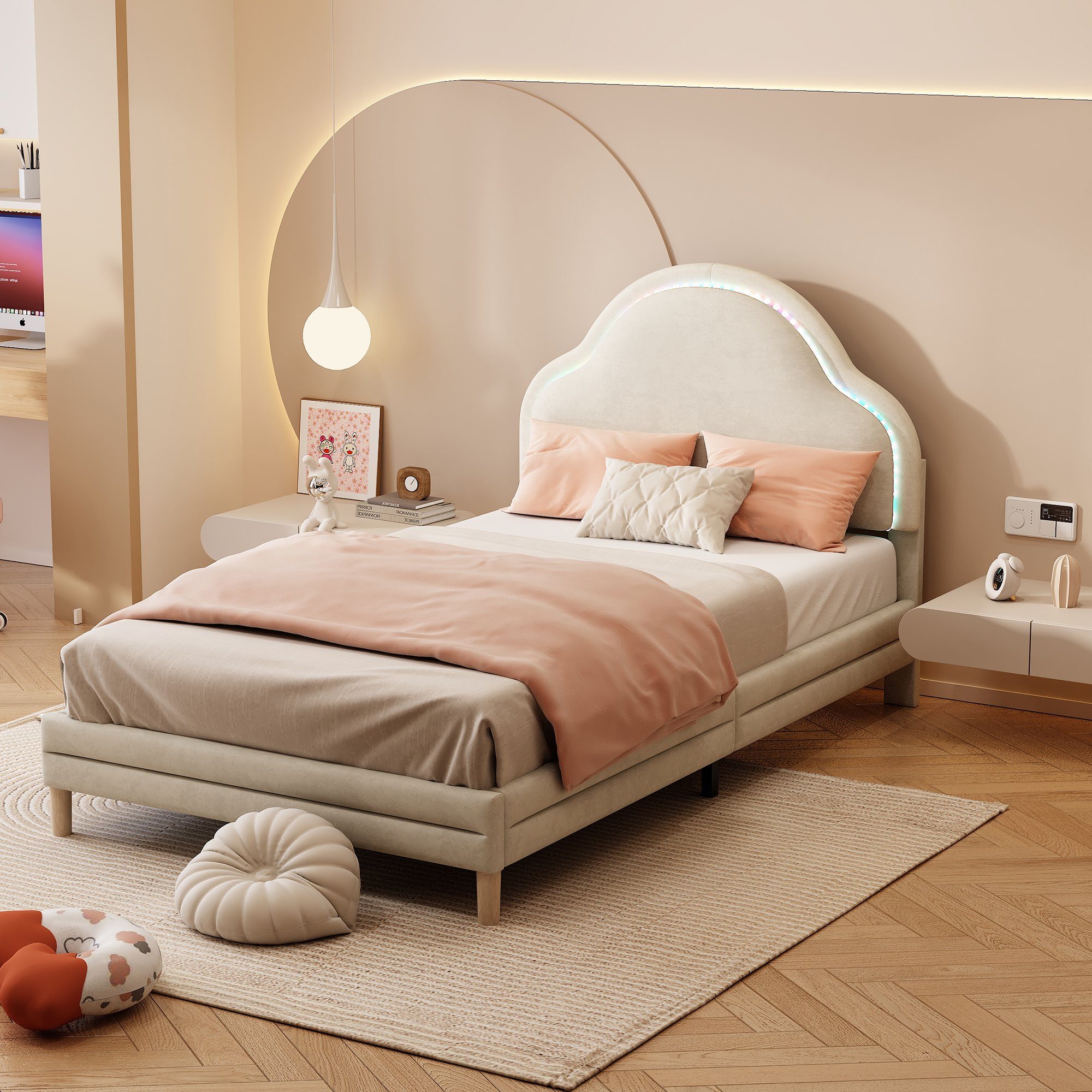 Flieks Polsterbett, LED Beleuchtung Kinderbett Einzelbett mit Wolkenform Ko günstig online kaufen
