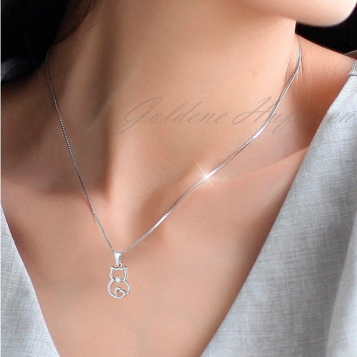 Goldene Hufeisen Kette mit Anhänger Halskette Katze Anhänger Kette 925 Silber mit Zirkonia Kater, 925 Sterling Silber Silberschmuck für Kinder, mit Zirkonia