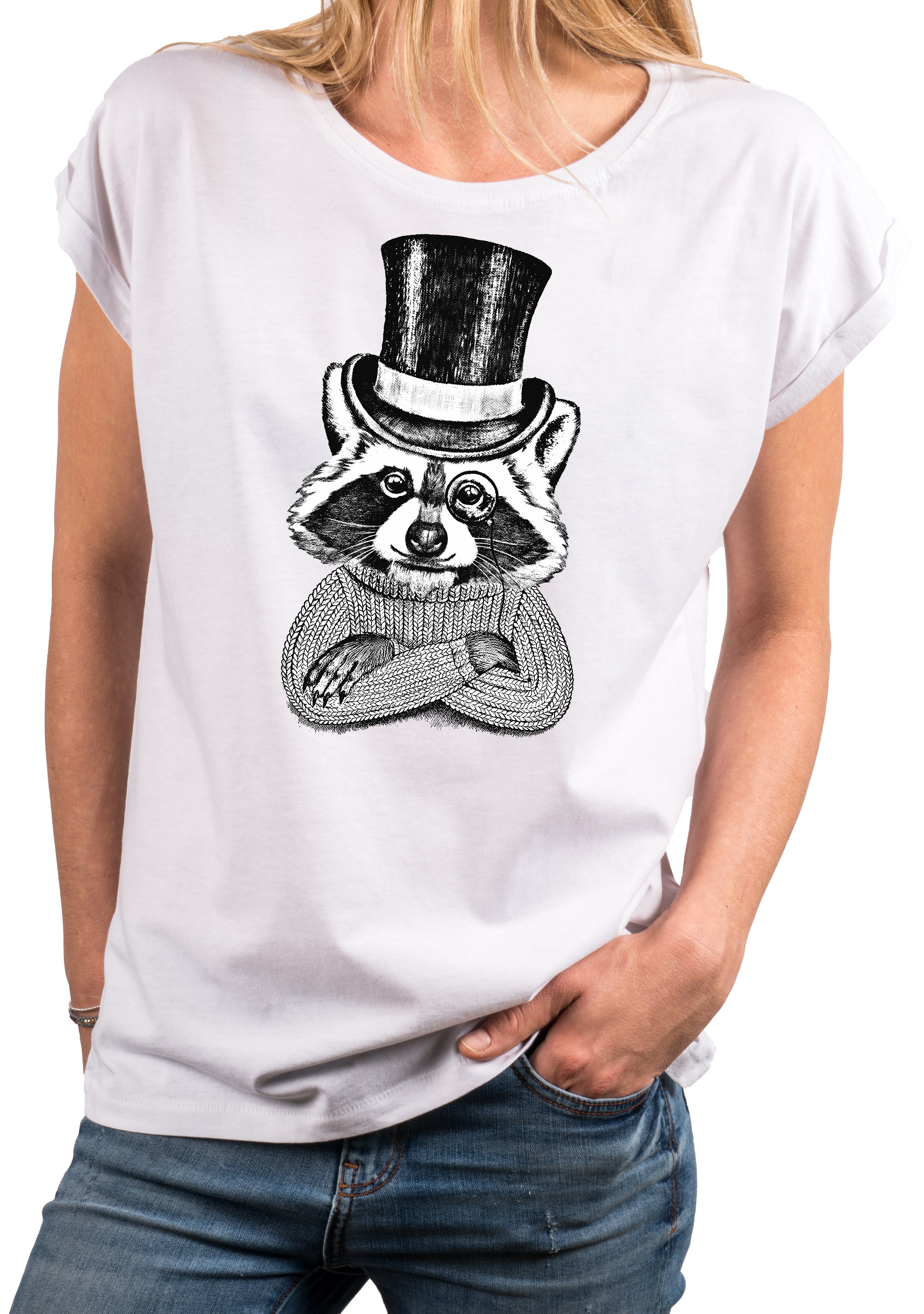 Print-Shirt Damen Tiermotiv Waschbär Top Sommer Oberteile Frauen Damenshirt