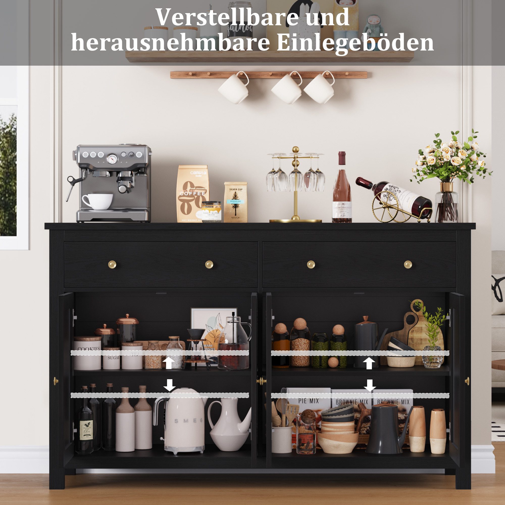 Homfa Sideboard für Küche 140cm Breit, Küchenschrank Buffetschrank 2 Schubladen 4 Türen 140x40x89cm schwarz