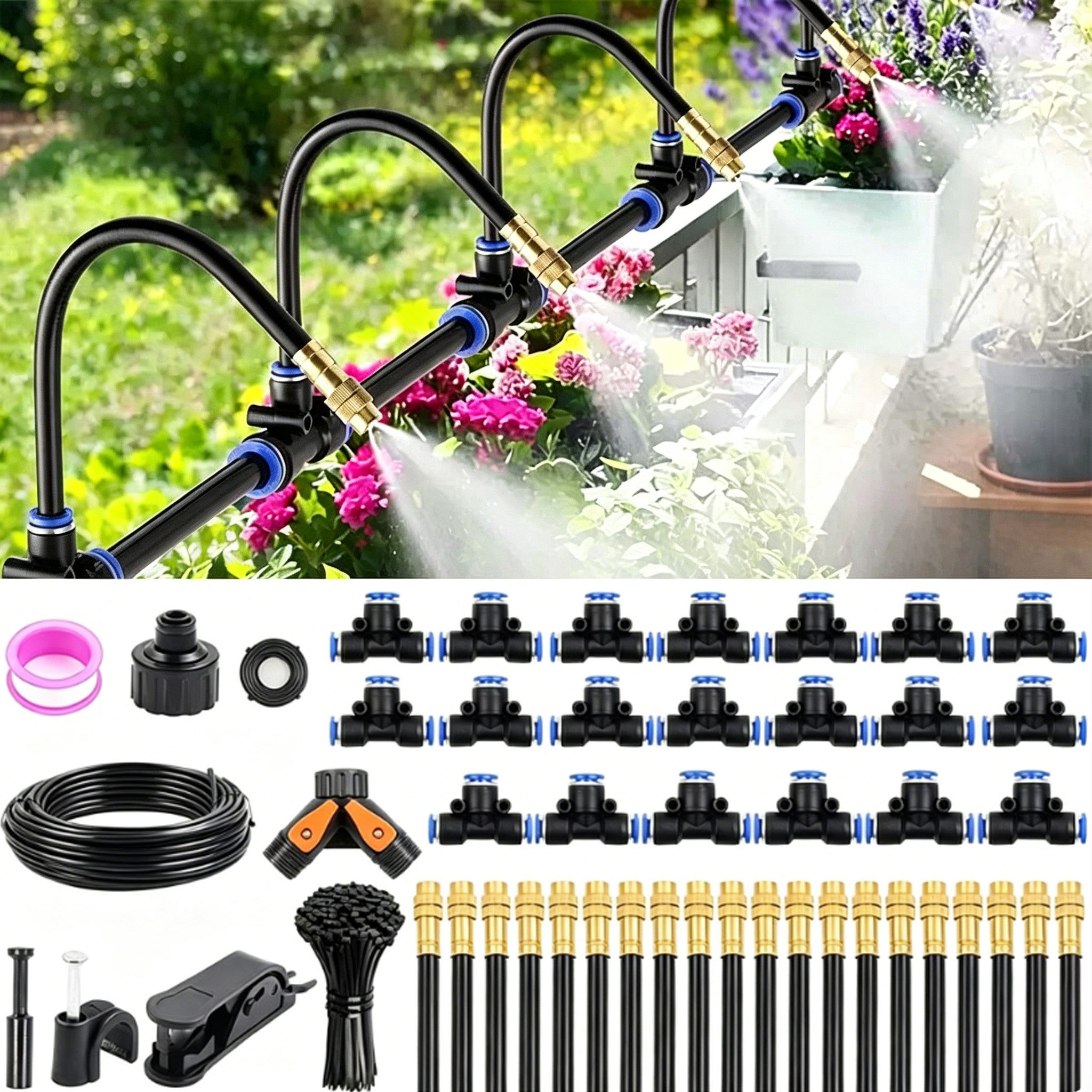 ibettertec Bewässerungssystem Automatische Garten Bewässerung Kit Tropfbewässerung, (Set, Gartenbewässerungssystem), Einstellbare Sprühdüse für Landschaft Flower Bed und Terrasse Pflanzen
