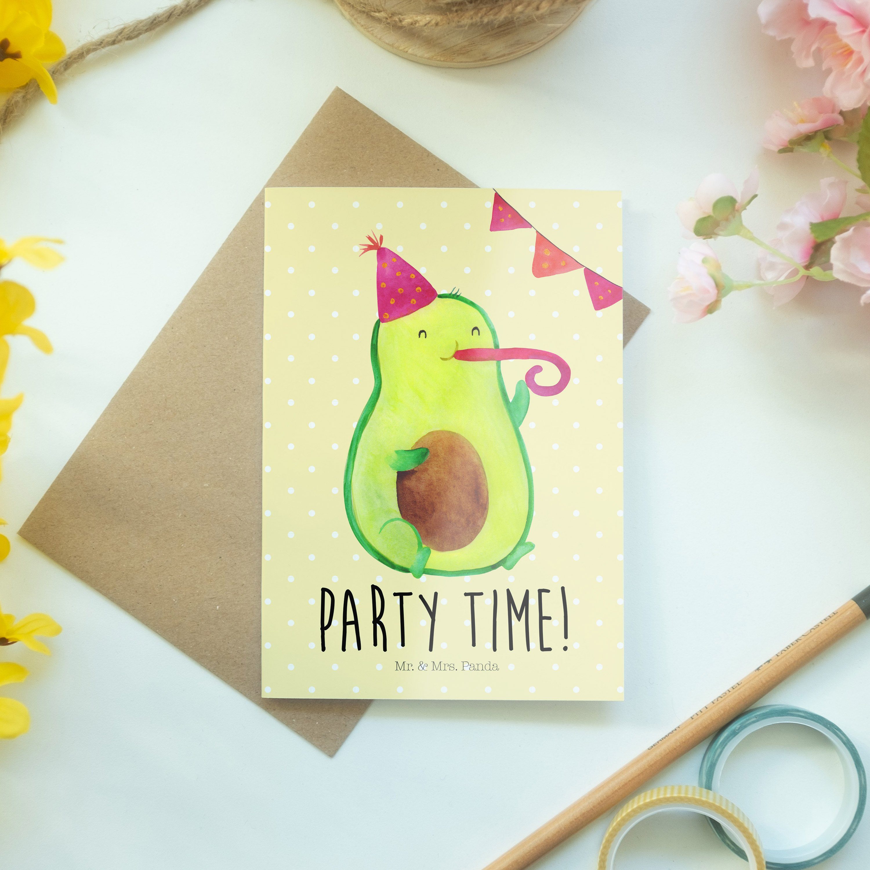 Mr. & Pastell Gelb - Mrs. Panda Glückw Geschenk, Party - Vegan, Time Abifeier, Grußkarte Avocado