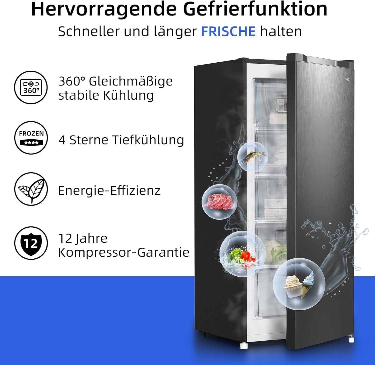 CHiQ Gefrierschrank Kompakt Gefrierschrank CSD95BC, 85 cm hoch, 54.9 cm breit, EEK C, 3 Gefrierschubladen, 4-Sterne-Gefrierfunktion, 39dB – Bild 5 von 5