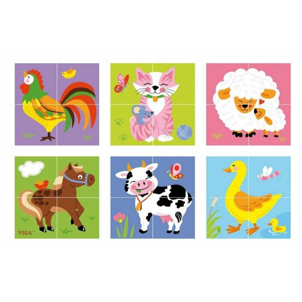 Viga® Holzspielzeug Viga 50835 4-teiliges 6-Seiten-Würfelpuzzle - Bauernhof-Tiere Spielbausteine, (Packung)