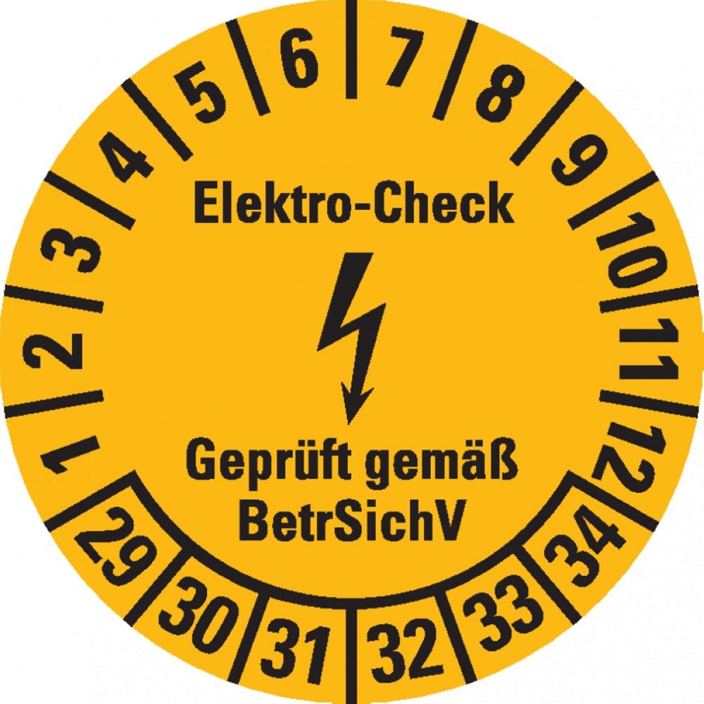 Dreifke Hinweisschild Plakette Elektro-Check BetrSichV, 29-34, gelb/schwarz, Folie, Ø 20mm, Aufkleber (Folie)