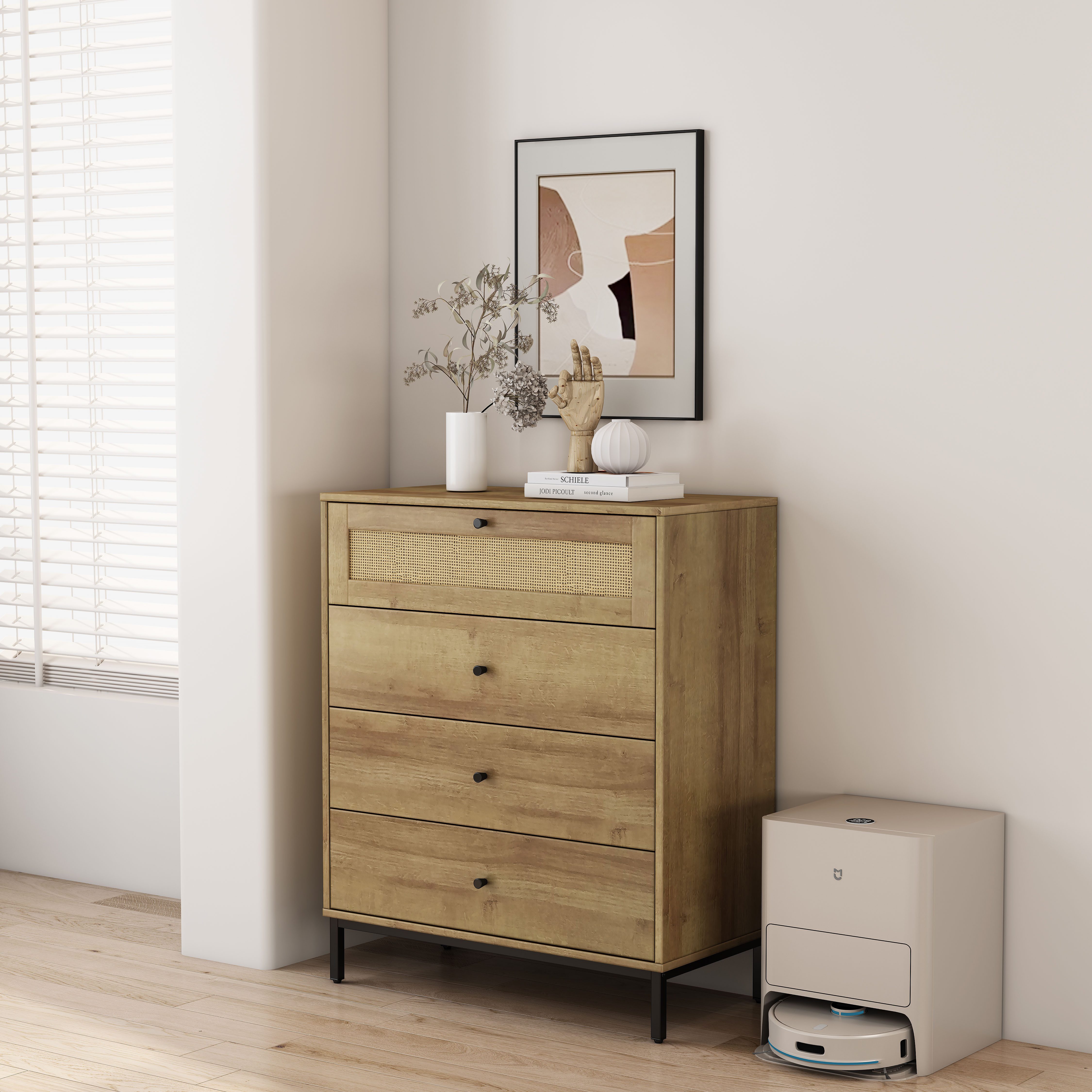 OTTO home Kombikommode Motala Schlafzimmerschrank Garderobe Boho Eichen-Design (Eichen-Design mit Geflecht Schublade und schwarzen Griffen), Schrank Schlafzimmer mit 4 Schubladen hochwertig