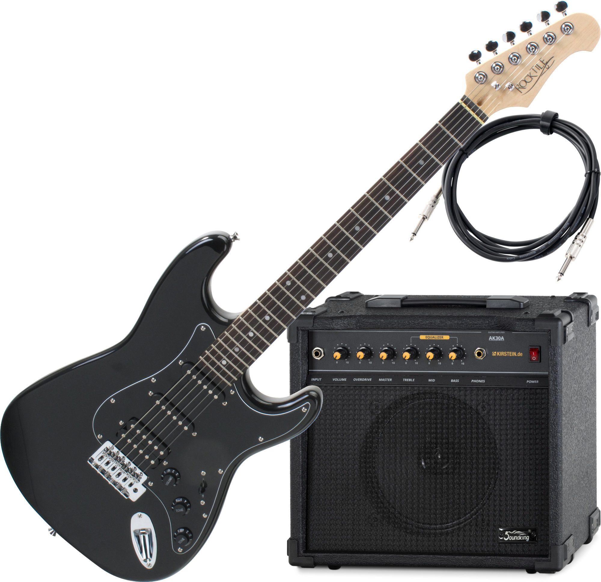 Rocktile E-Gitarre Pro ST60-BK E-Gitarre All Black AK30A Set - In edler Black Finish Line, ST-Style, Spar-Set, inkl. Gitarrenverstärker, Vintage String Thru Tremolo