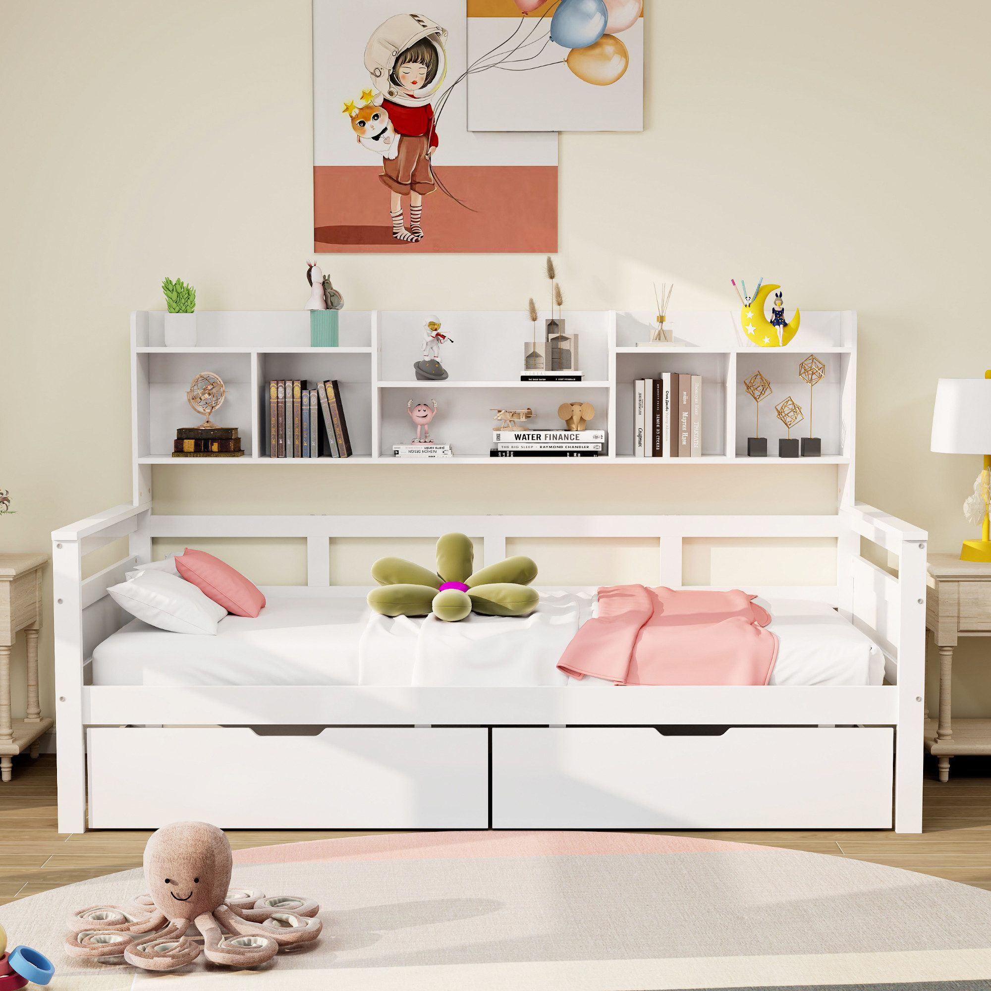 HAUSS SPOLE Schlafsofa 90x200cm mit Schubladen und Regale, Lattenrost, Massivholz, weiß, Schubladen und Regale, Lattenrost, ohne Matratze