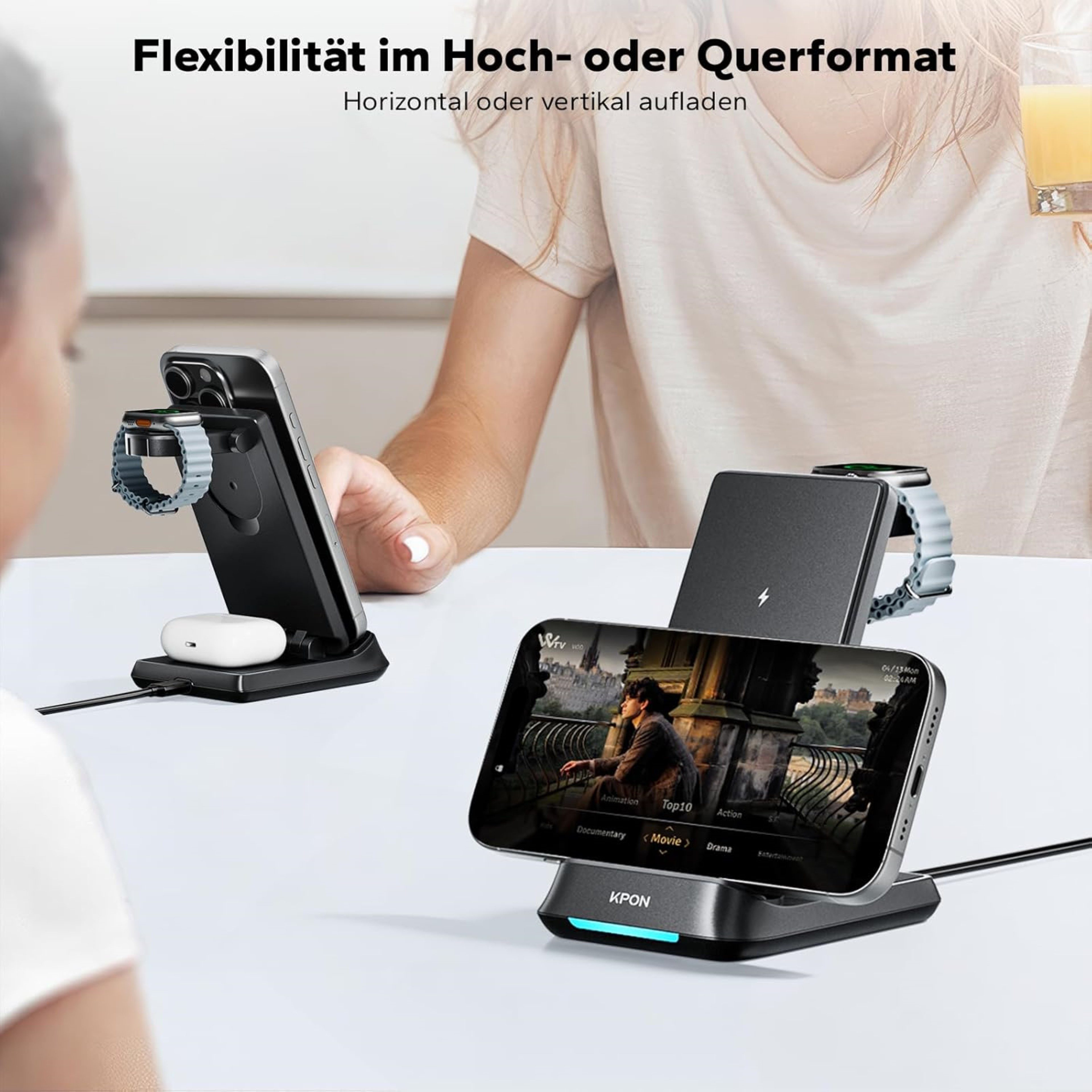 KPON 3-in-1 Induktive Ladestation 20W Faltbar Galaxy iPhone Watch AirPods Wireless Charger (1500 mA, Komplettset für Smartphone, Watch und Earbuds, Ladegerät mi – Bild 2 von 5