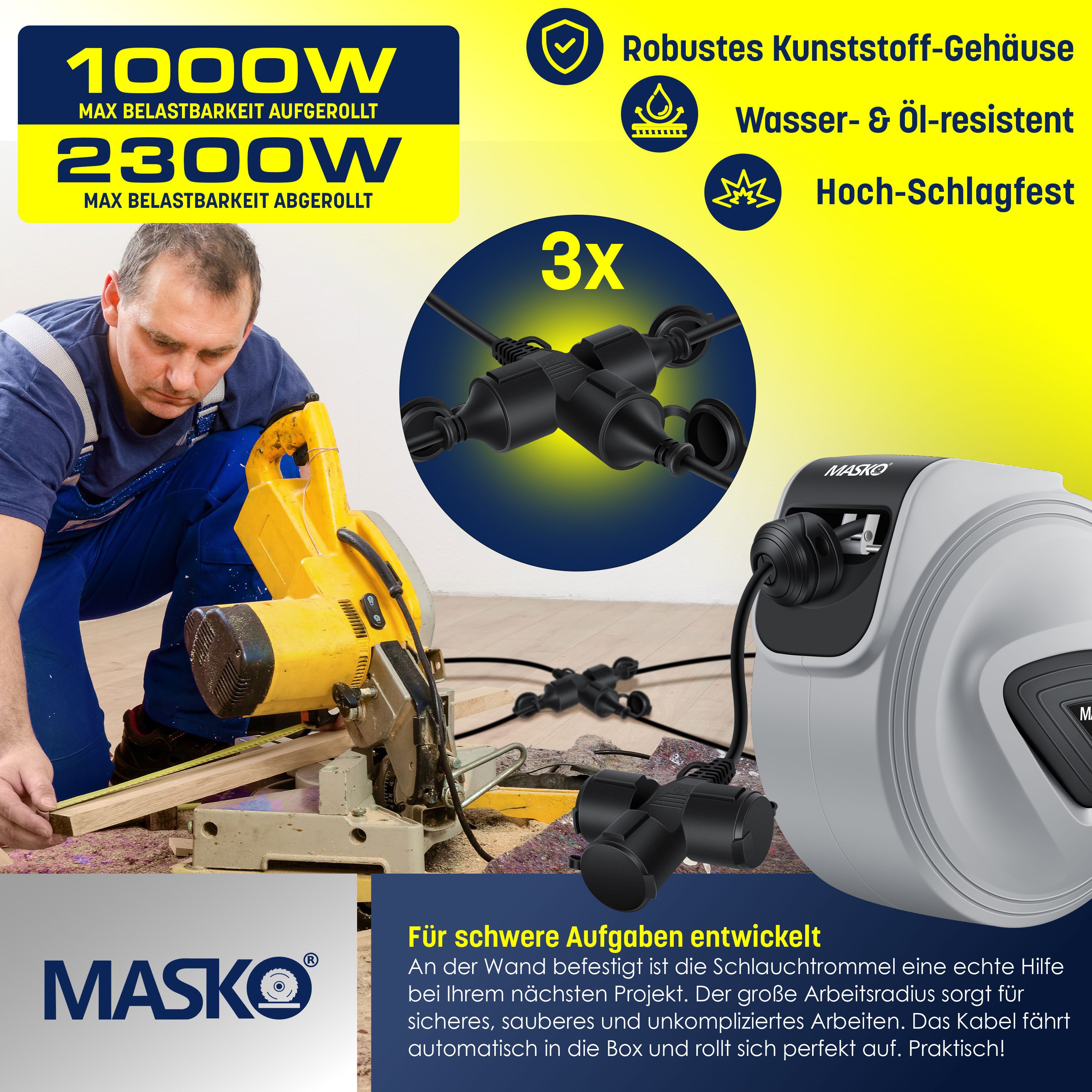 MASKO Verlängerungskabel, (20 cm), Automatik Kabeltrommel Verlängerungskabel mit 3-Fach Anschluss