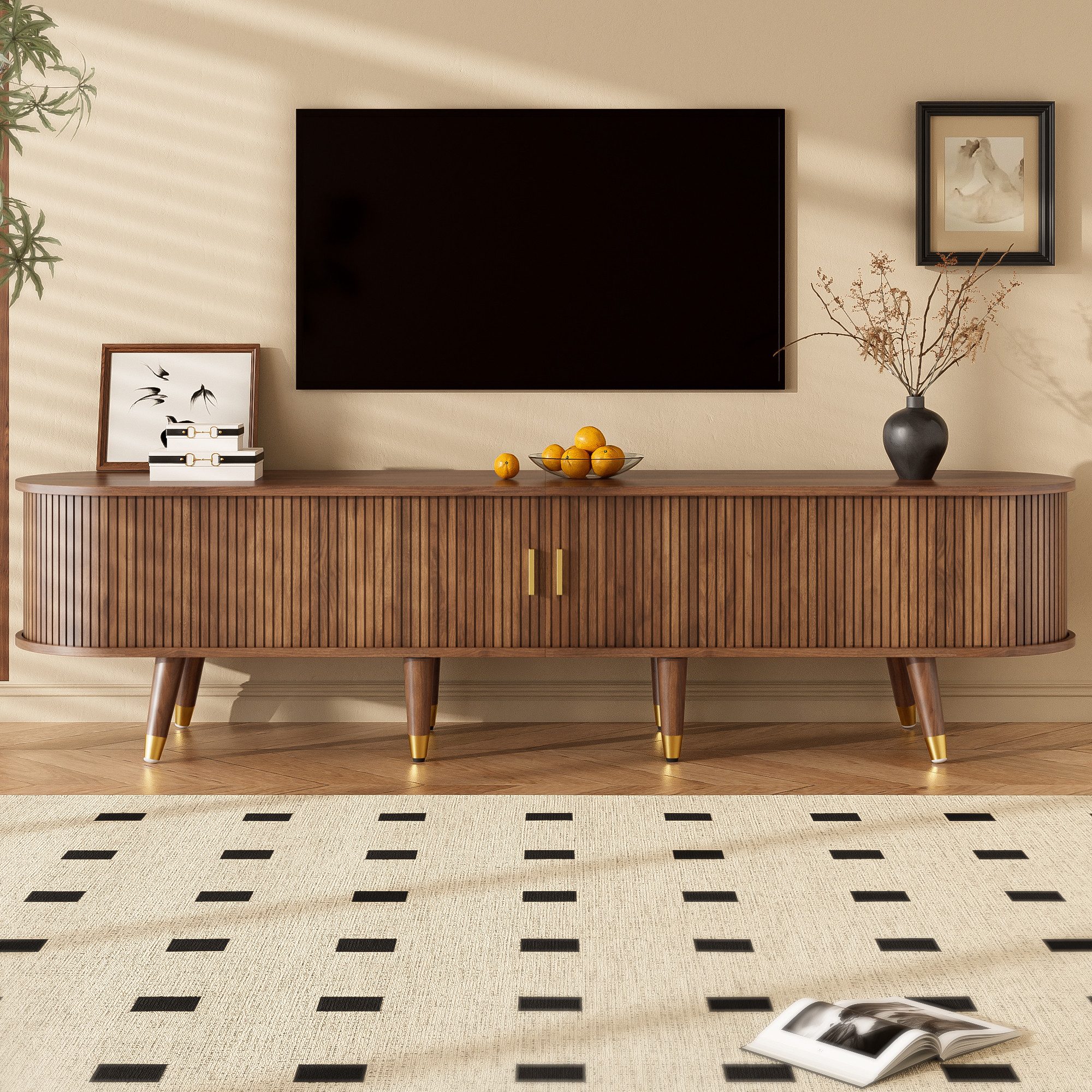 Yorbay TV-Schrank TV-Schrank 175 cm mit Rattan-Schiebetür, Walnussoptik & viel Stauraum Landhausstil Fernsehtisch mit offenen Fächern, Schubladen & Schrank