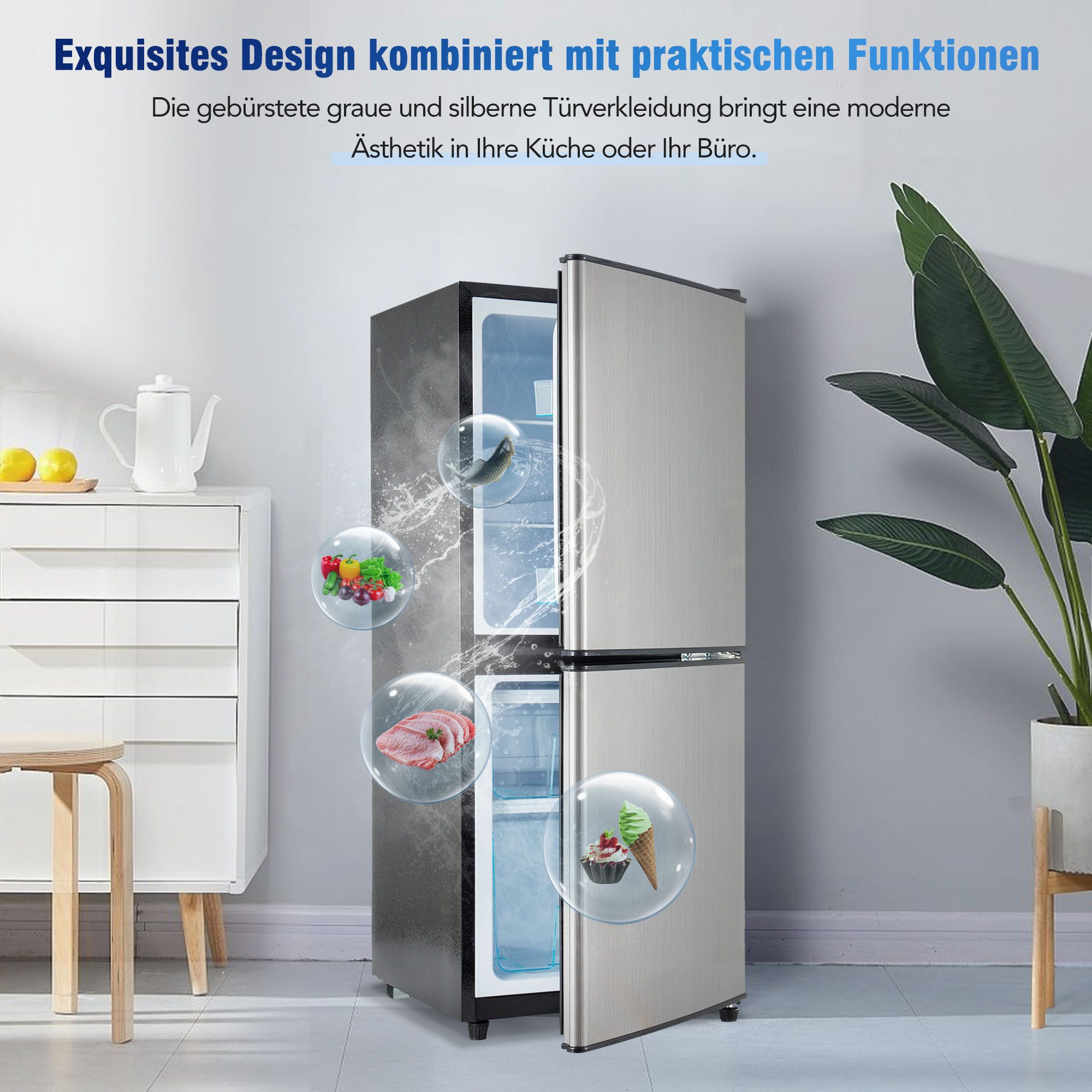 Rolipo Kühlschrank (60L+46L) 7-stufiger Temperaturregelung 45dB BCD-106W, 102 cm hoch, 42.5 cm breit, 106L Kompaktkühlschrank & Gefrierfach/LED