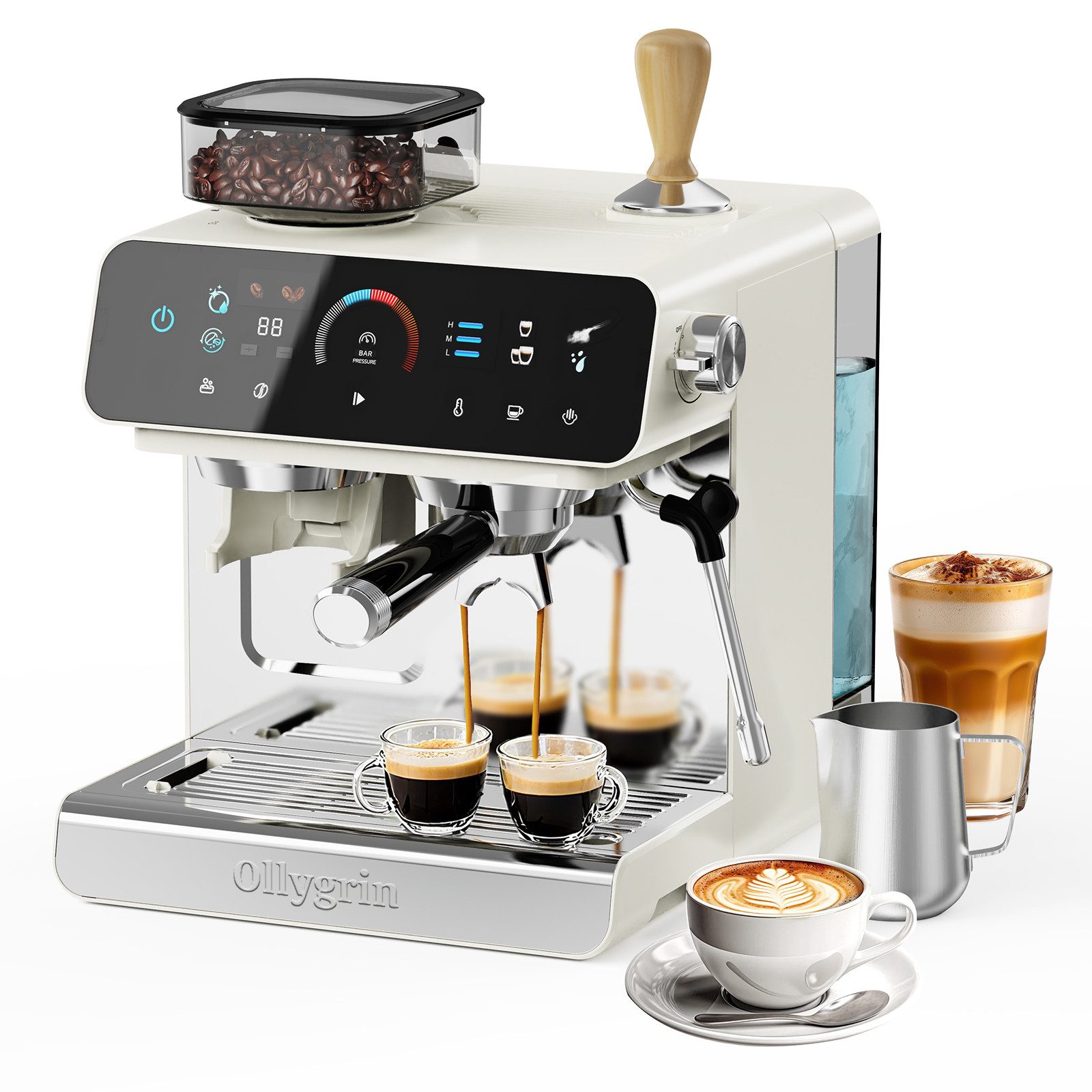 Ollygrin Espressomaschine mit Mahlwerk, 20-Bar-Profi-Espressomaschine mit 19 Mahlgraden