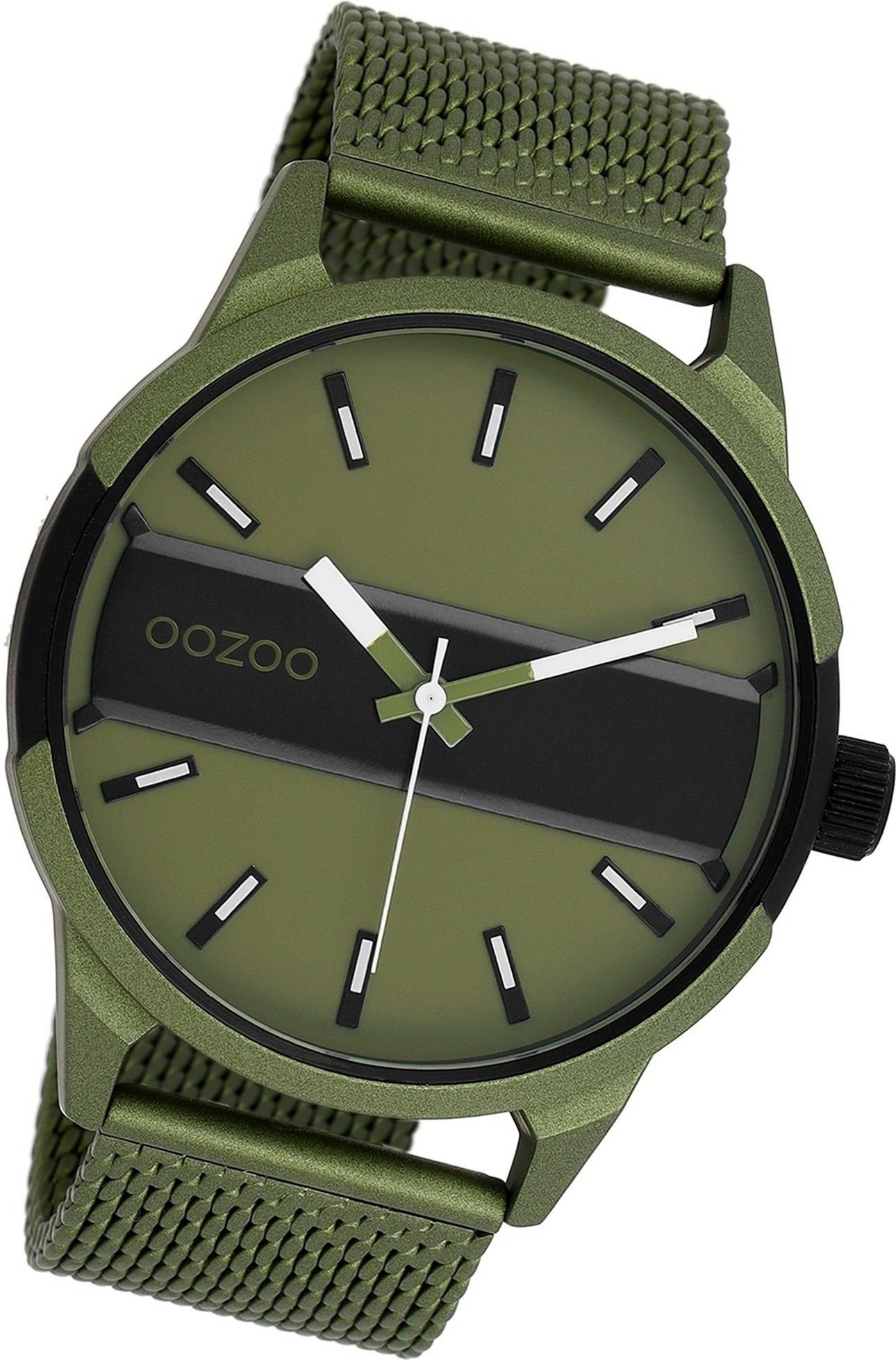 OOZOO Quarzuhr Oozoo Herren Armbanduhr Timepieces, (Analoguhr), Herrenuhr  Mesharmband olive, grün, rundes Gehäuse, extragroß (ca 48mm)