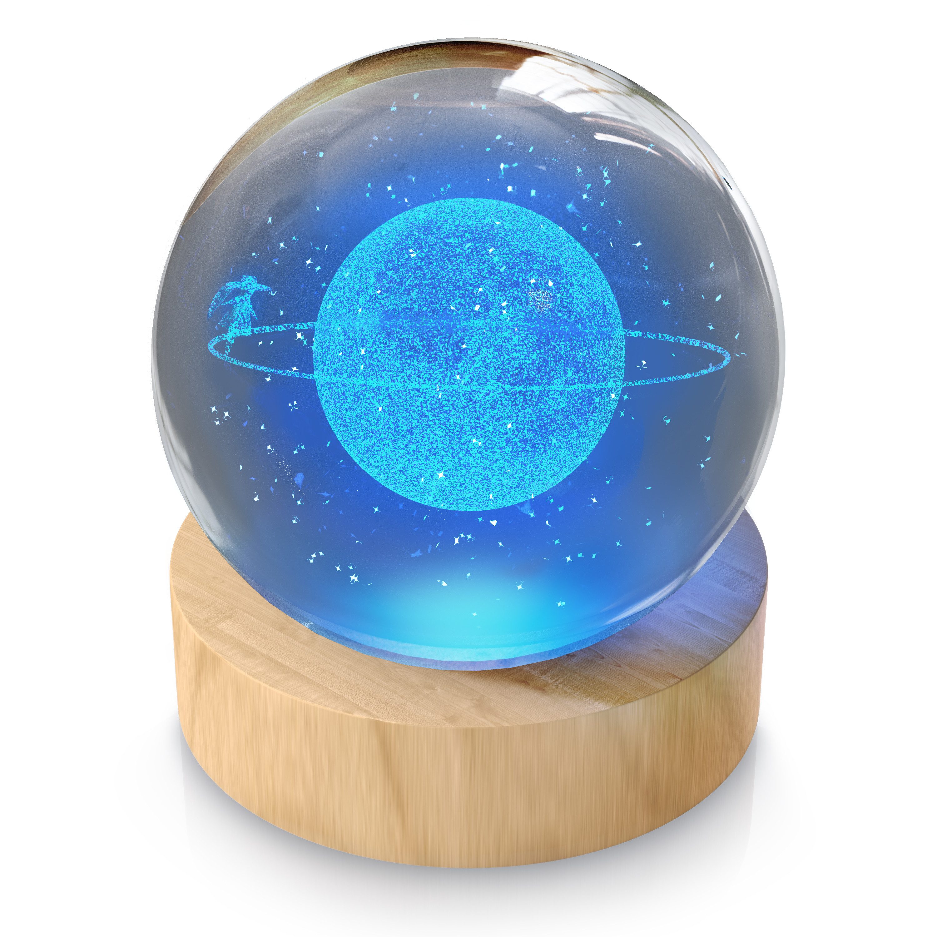 MyBeo LED Dekolicht 3D Glaskugel, Leuchtende Kristallkugel mit Gravur, Nachtlicht Skulptur, Farbwechsel, LED fest integriert, Farbwechsler, RGB LED, K9 Kristall, 6 cm ⌀, Holzsockel, geringer Energieverbrauch