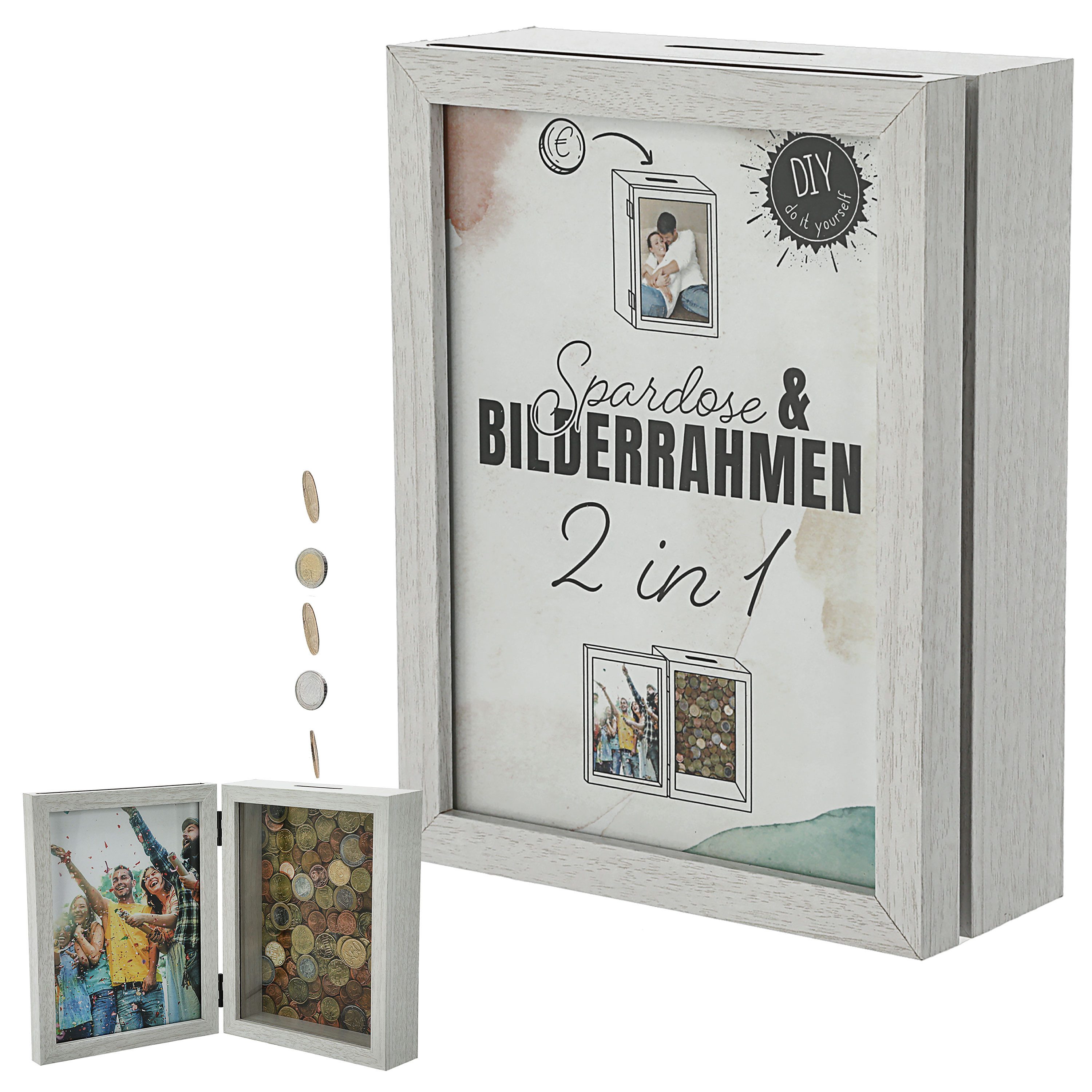 CEPEWA Spardose Spardose Bilderrahmen 2 in 1 weiß MDF 19x14,5x5,5cm klappbar Geschenk – Bild 4 von 4