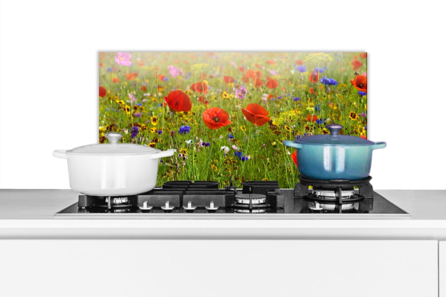 MuchoWow Küchenrückwand Frühling - Blumen - Rot - Mohn - Gras - Grün, (1-tlg), 60x30 cm, Wandschutz, gegen Fett und Schmutzflecken für Küchen