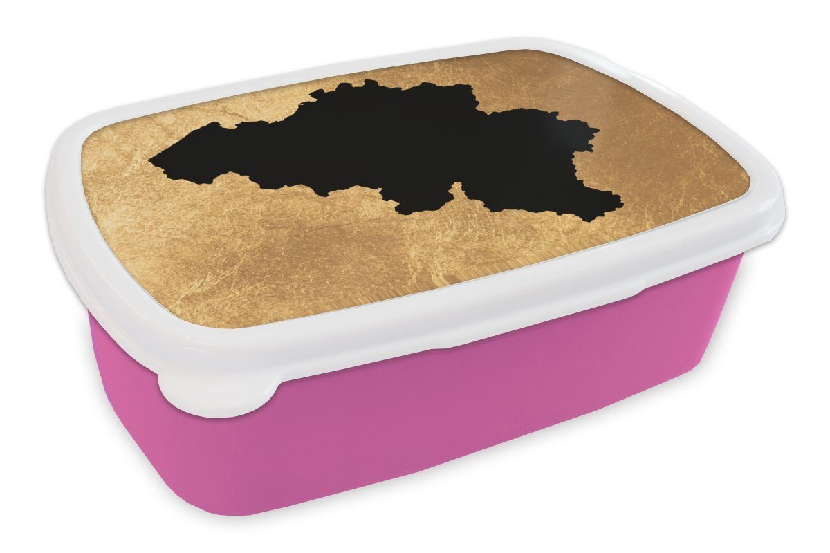 MuchoWow Lunchbox Karte Belgien - Schwarz - Gold, Kunststoff, (2-tlg), Brotbox für Erwachsene, Brotdose Kinder, Snackbox, Mädchen, Kunststoff rosa