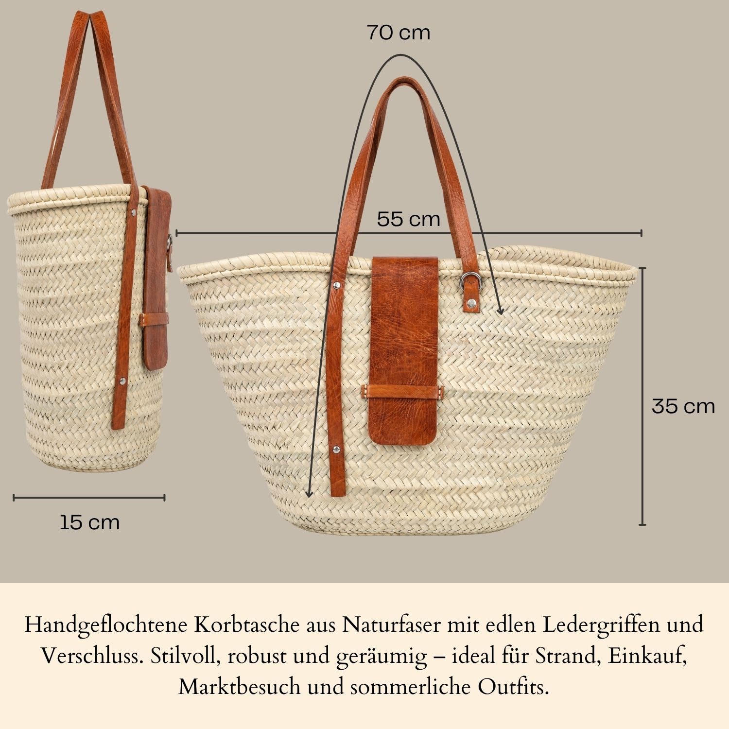 Marrakesch Orient & Mediterran Interior Korbtasche Ibiza Korbtasche Birdie modern aus Palmblatt und Leder in Natur 55 cm (1-tlg), Handarbeit