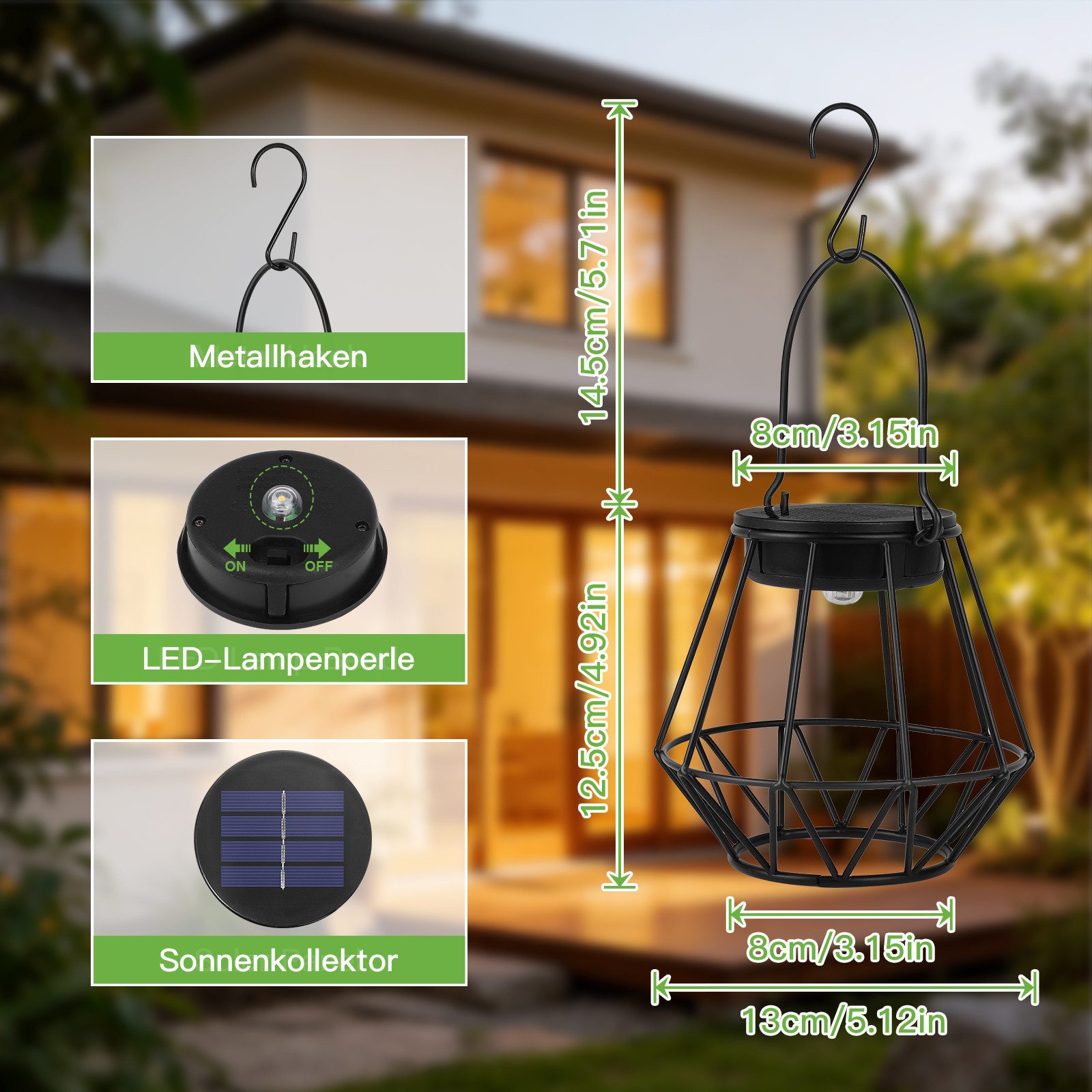 Kimjo LED Solarleuchte Hängende IP65 Solar-Außenlaternen für Balkon Terrasse, LED Lampenperlen, Warmweiß, Solarbetrieben, IP65 wetterfest, hängend & stehend nutzbar
