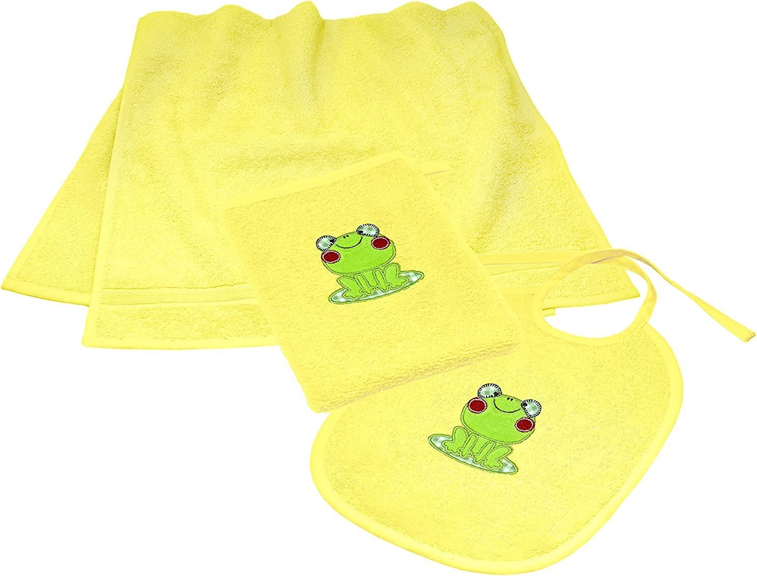 (Set, aus Gelbes Neugeborenen-Geschenkset Waschlappen Handtuch Babylätzchen u. mit Baumwolle Frosch 100% Lashuma 3-tlg)