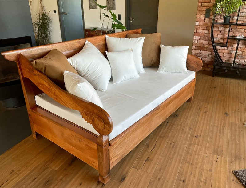 OPIUM OUTLET Loungebett Holzbank Liege Ruhebank Daybed Bank Wintergarten Massivholz Mango, B x T x H: 200 cm x 100 cm x 90 cm; super im überdachten Wintergaten; kunstvoll geschnitzte Armlehnen, komplett montiert