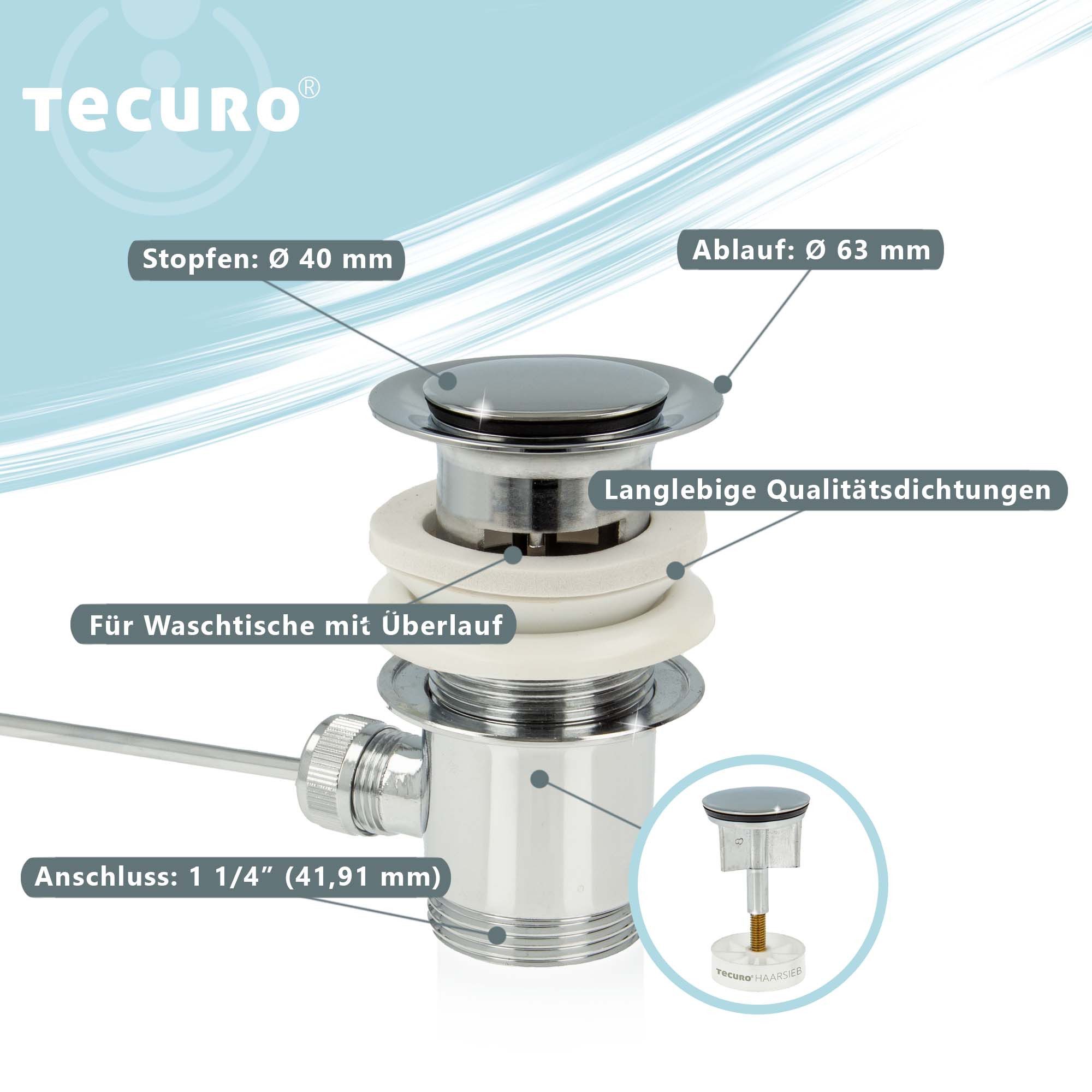 tecuro Ablaufgarnitur Exzenter Ab- und Überlaufgarnitur, 1 1/4 Zoll x Ø 63 mm, Messing