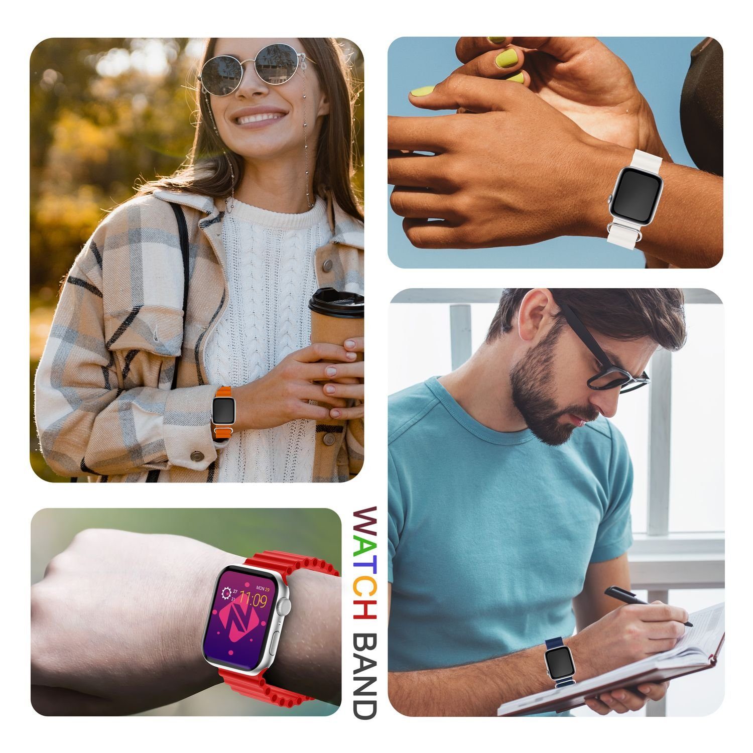 Nalia Smartwatch-Armband Apple Watch 38/40/41/42mm, Ocean Style Sportarmband / Silikon Ersatzband / Metall-Ring Verschluss – Bild 5 von 5