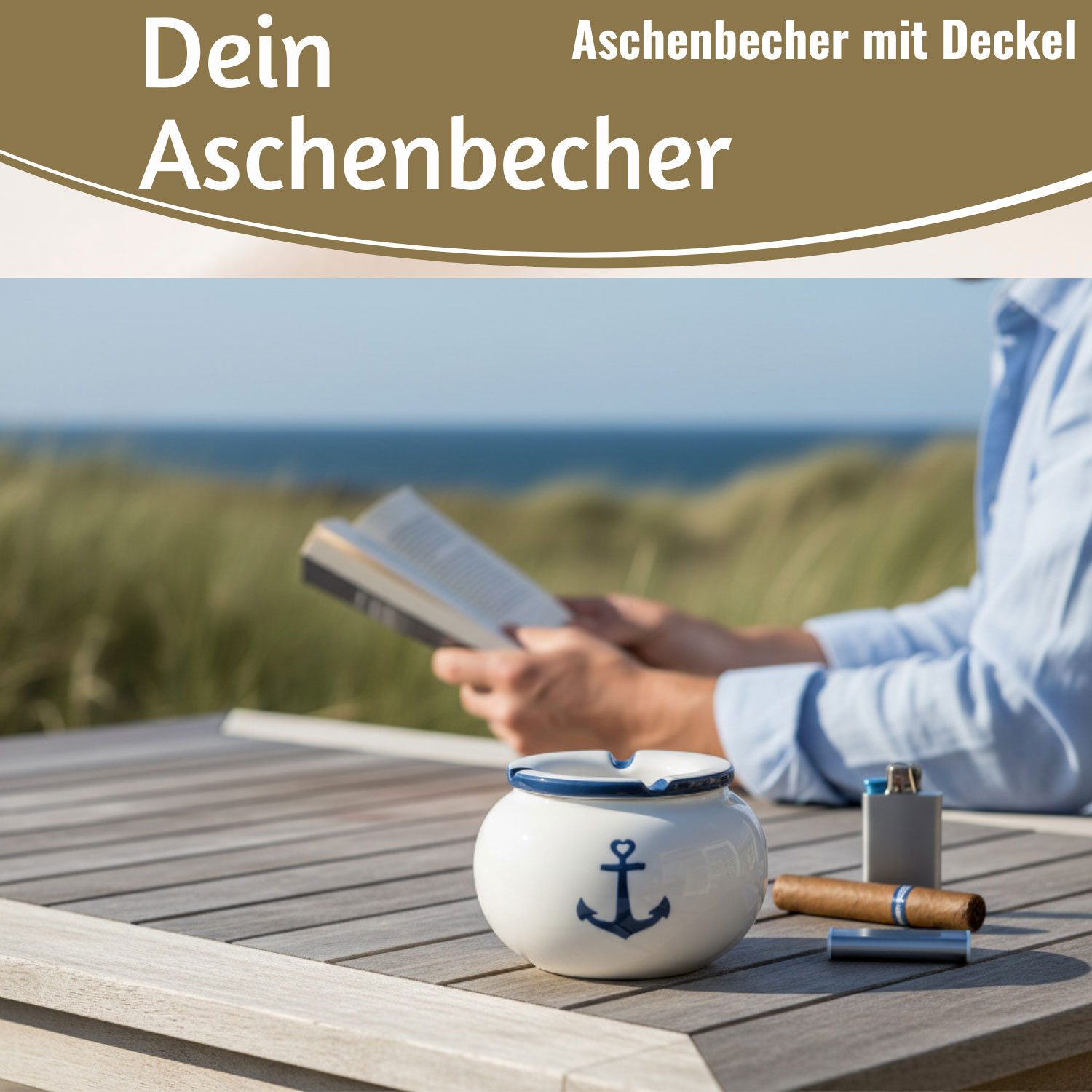 LS-LebenStil Aschenbecher Sturmaschenbecher Anker 10x7,5cm Maritim Weiß Blau mit Deckel, Windaschenbecher Ashtray Tischaschenbecher Garten Balkon Deko – Bild 3 von 5