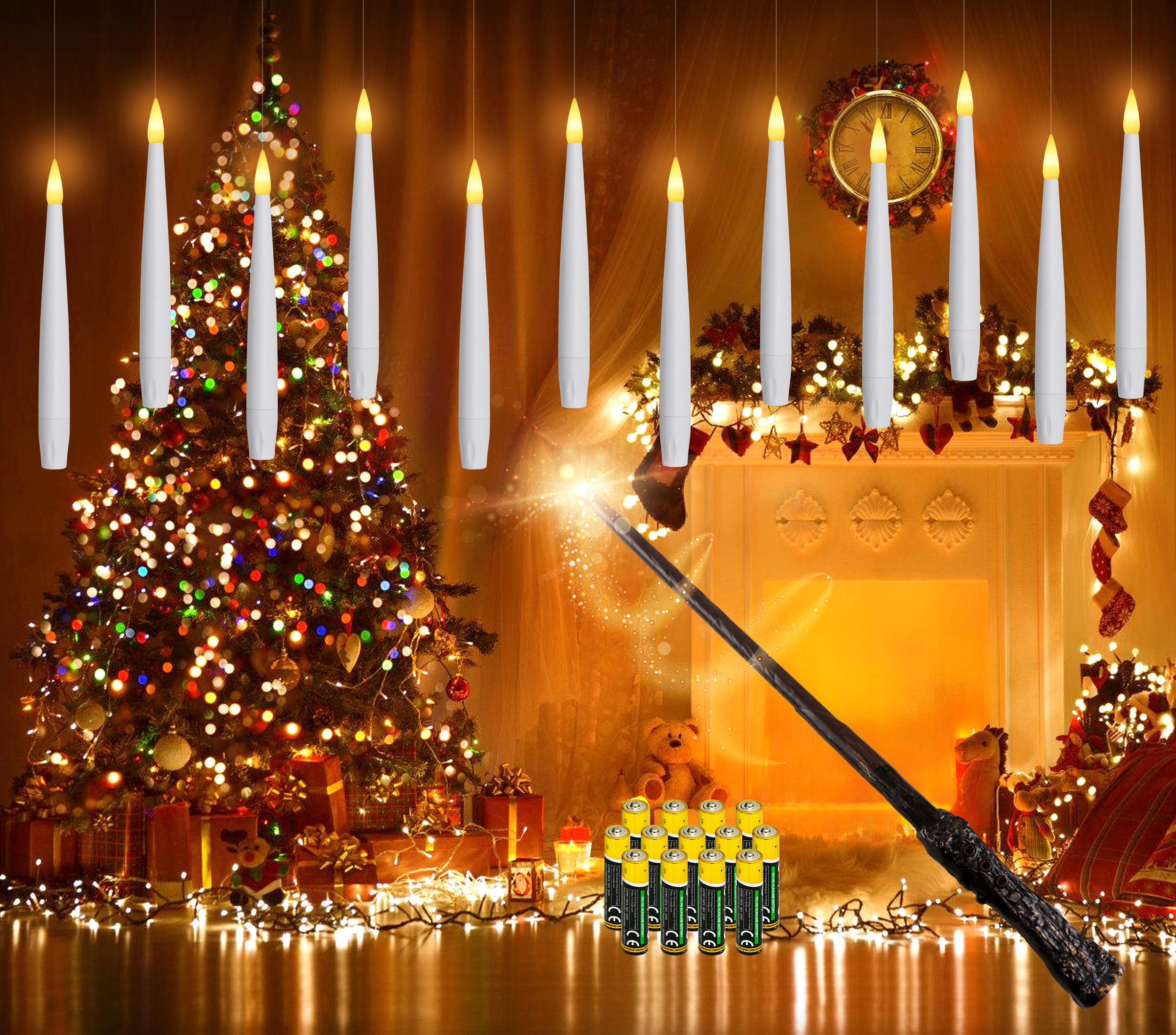 Gotoll LED-Kerze K-MFLZ 12pcs Schwebende Kerzen mit Zauberstab-Fernbedienung (Weihnachtsbaumkerzen weihnachtsdeko halloween kerzen, mit timer und Batterie), LED Christbaumkerze