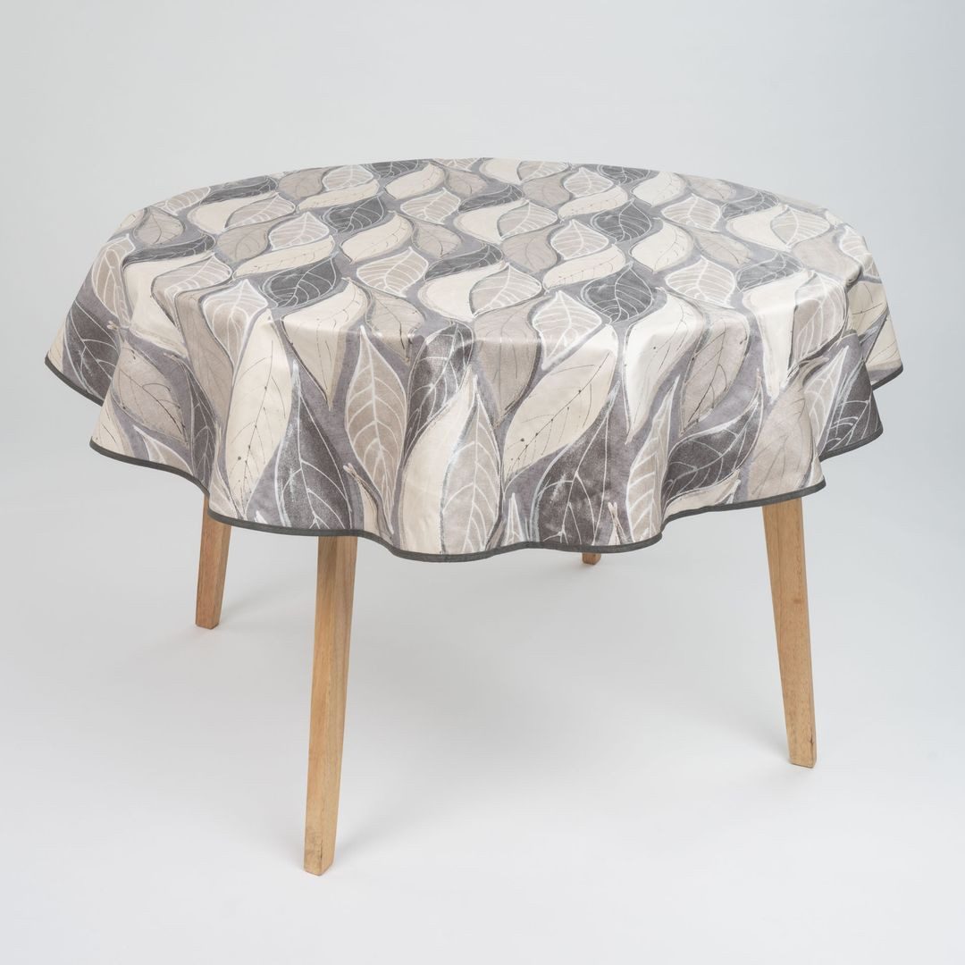 laro Tischdecke 140cm runde Wachstuchtischdecke mit Saum-Eingefasst Blätter Grau Beige