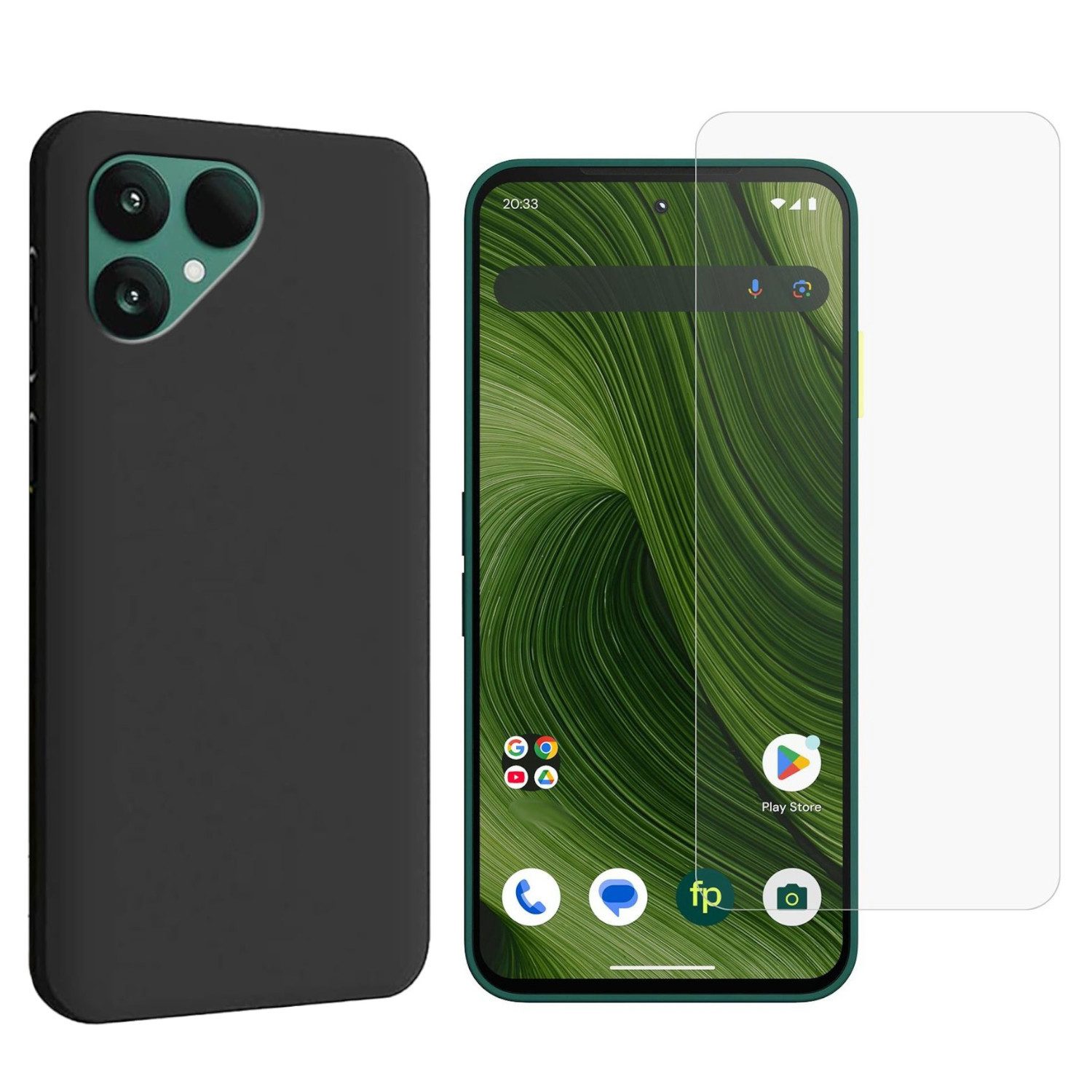 Wigento Handyhülle Für Fairphone 6 Silikon TPU Schutz Hülle Schwarz + 9H Hart Glas, Produktset TPU Hülle mit Hart Glas