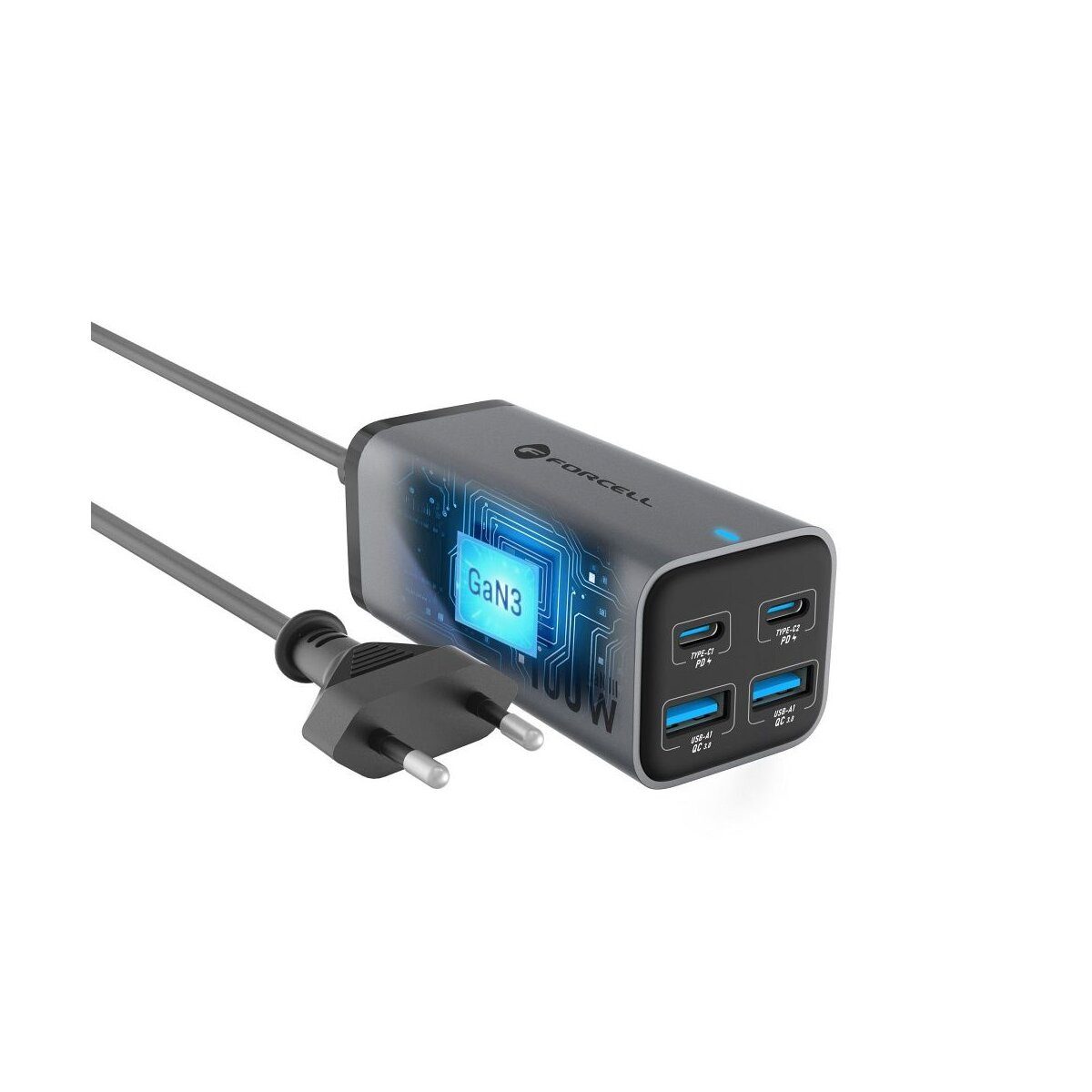 Forcell FORCELL GaN Tischladegerät 100W 2x USB-C + 2x USB-A Grau Smartphone-Ladegerät (Tischladegerät mit 100W Gesamtleistung)