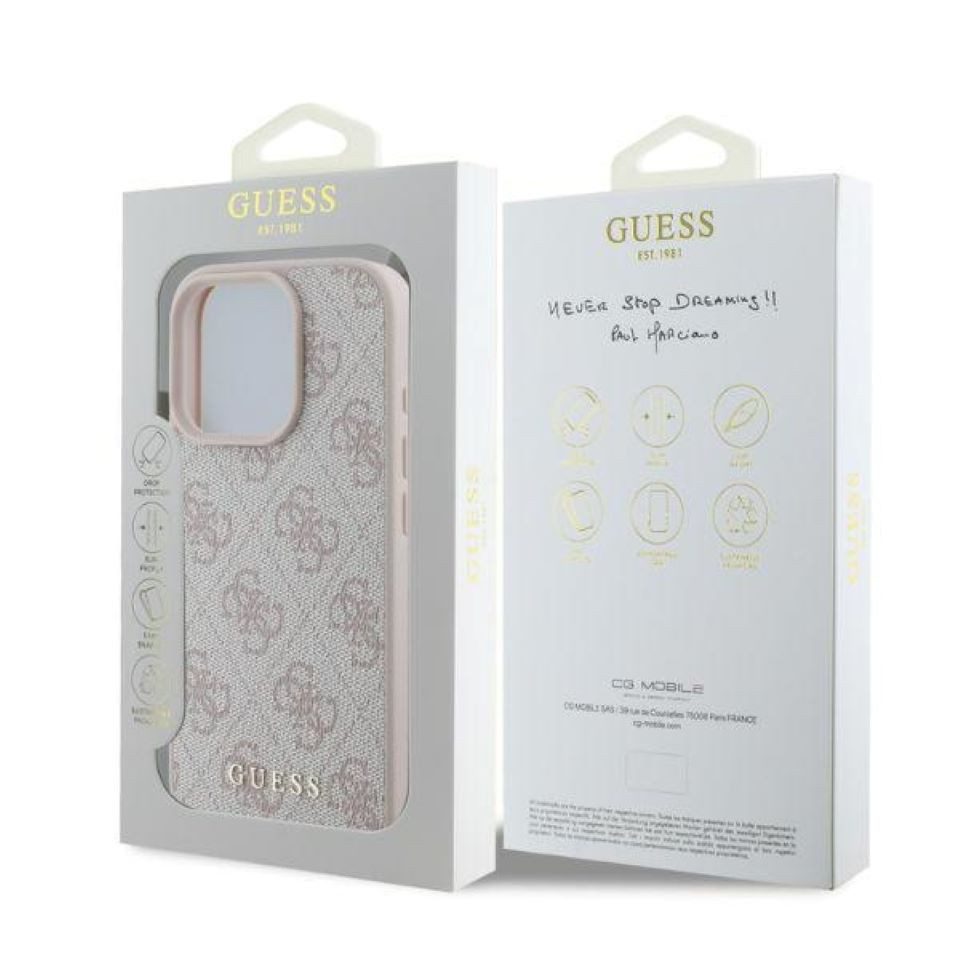 Guess Handyhülle iPhone 16 Pro Max Kunstleder rosa Muster Logo goldfarbig – Bild 4 von 4