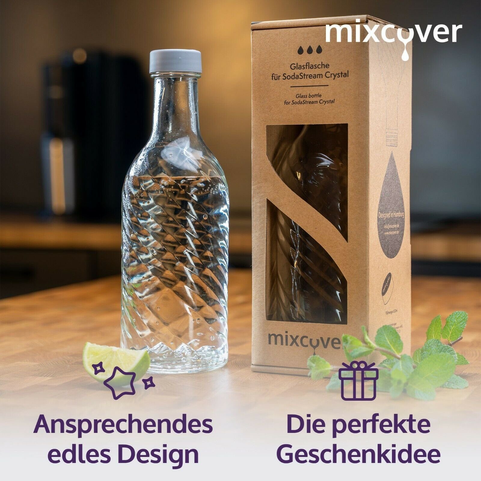 Mixcover Wassersprudler Flasche mixcover Glasflasche kompatibel mit SodaStream Crystal 2.0 mit 10% mehr Volumen Transparent