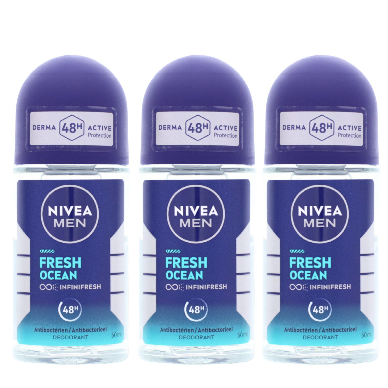 Nivea Deo-Roller 3x NIVEA Men Fresh Ocean Roll On je 50ml Deodorant Herren 48h Schutz