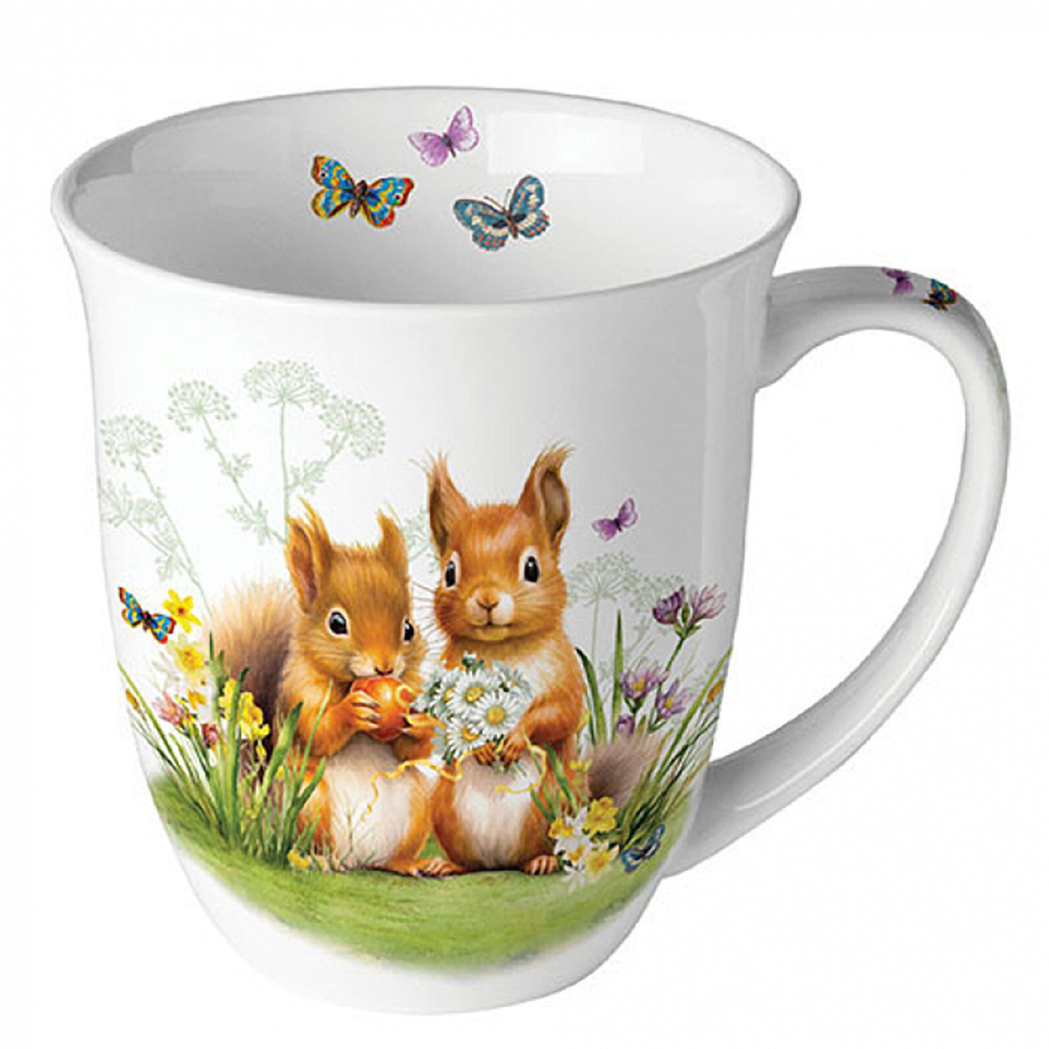 Ambiente Luxury Paper Products Tasse, Keramik, Tasse 10cm Porzellan mit Eichhörnchen & Blumen Motiv Weiß / Braun