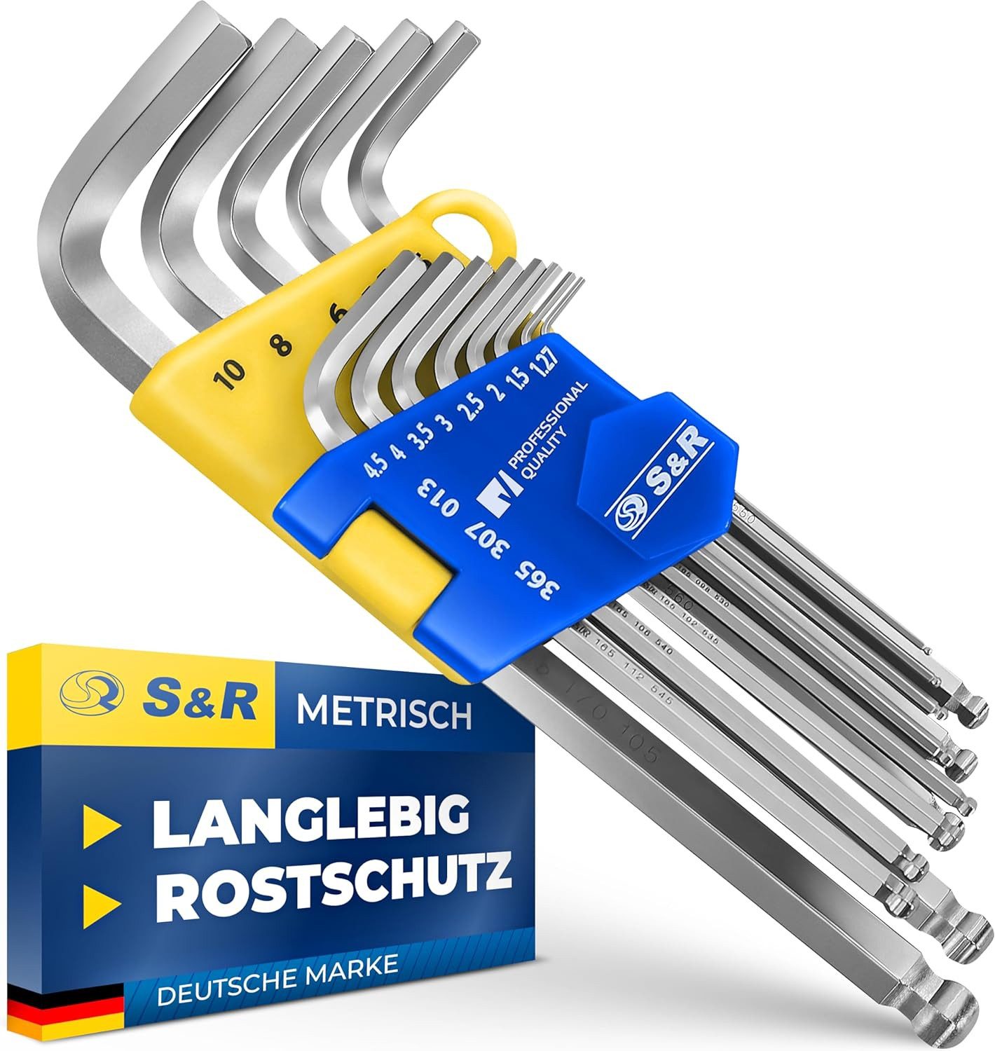 S&R Innensechskantschlüssel Satz HX, mit Kugelkopf, Innensechskant LANG, Cr-V-Stahl gehärtet (Set, 13-tlg 1,27 bis 10 mm), Winkelschlüssel rostfrei, in stabilem Klapp-Halter