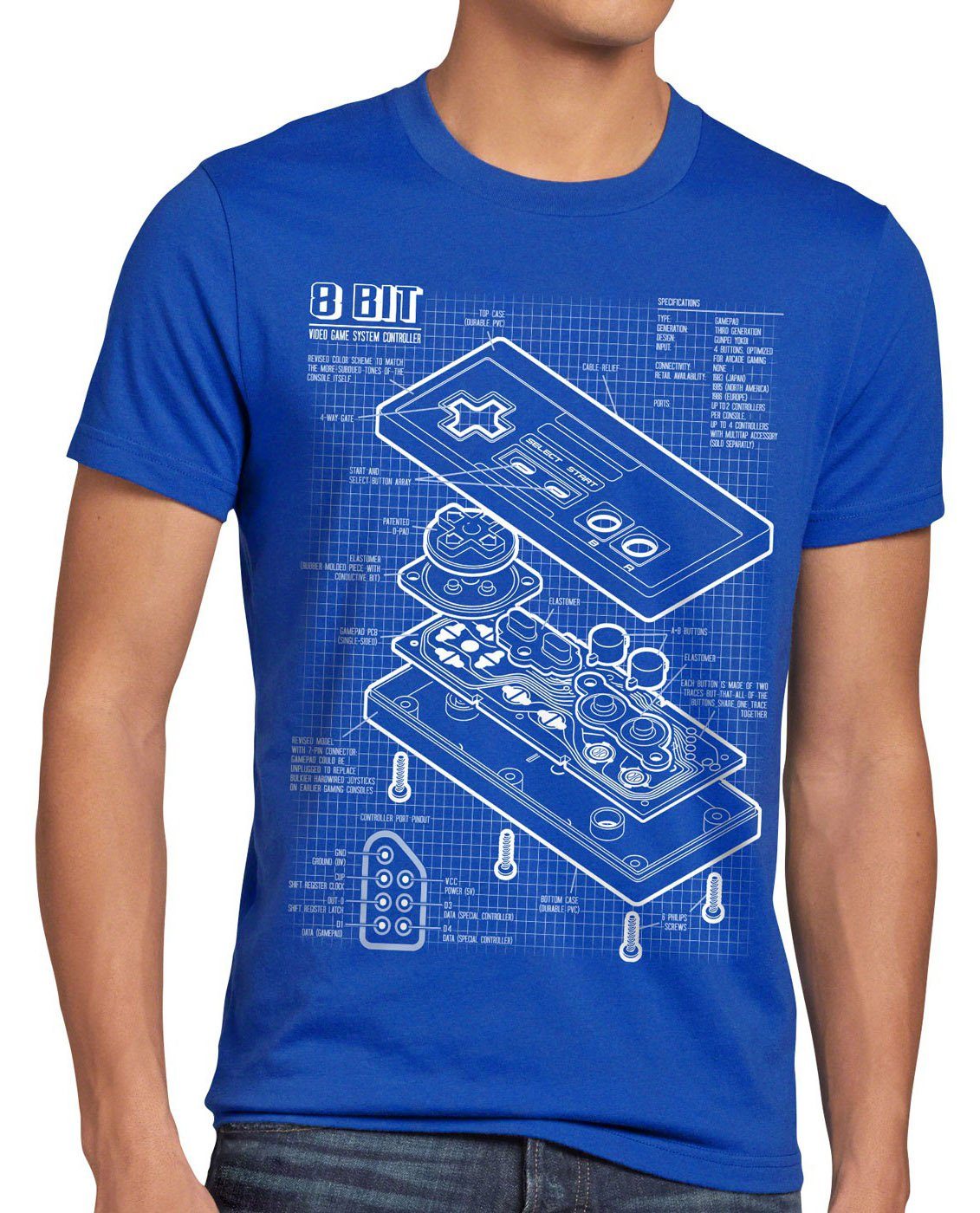 style3 Print-Shirt Herren T-Shirt NES Controller classic gamer 8-Bit mario nintendo snes zelda n64 blau