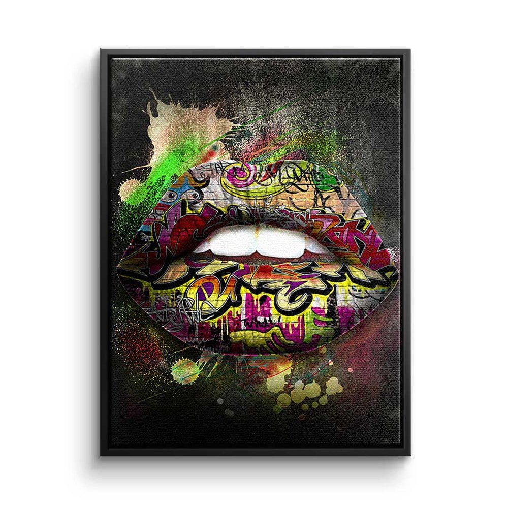 DOTCOMCANVAS® Leinwandbild, Premium Leinwandbild - Pop Art - Graffiti Lips - modernes Wandbild schwarzer Rahmen